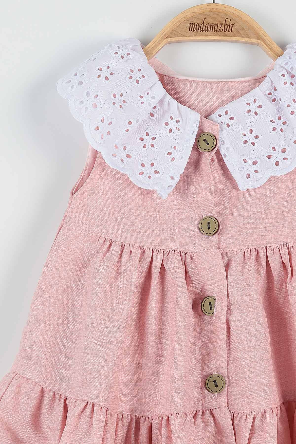 Pembe (9-24 Ay) Düğmeli Yaka Detaylı Kız Bebe Elbise 176476