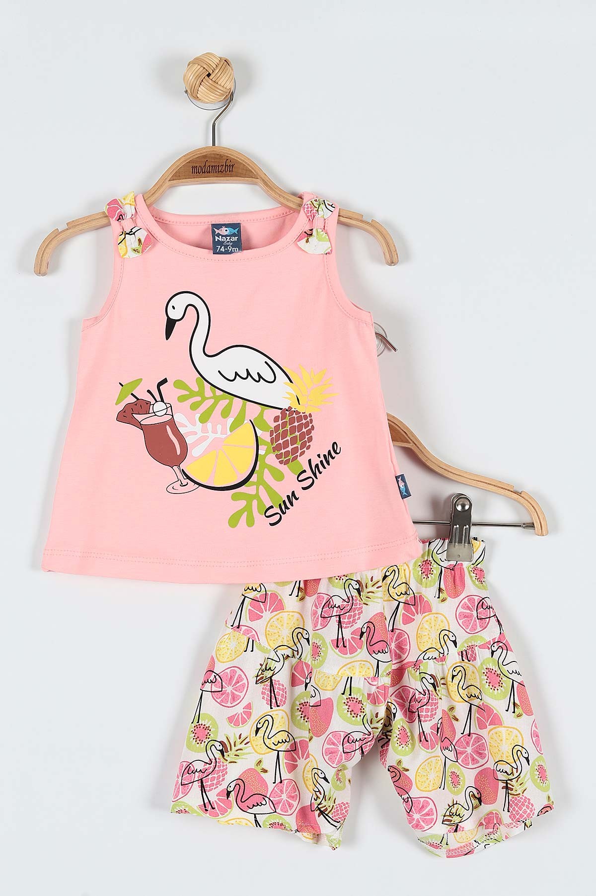 Pembe (9-24 Ay) Flamingo Çiçek Baskılı Omuz Fiyonk Detaylı Şortlu Kız Bebe Takım 182603