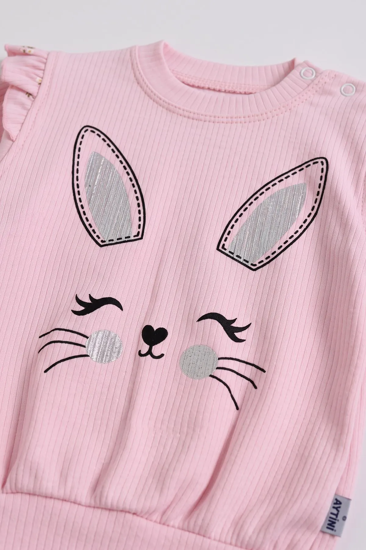 Pembe (9-24  Ay)  Kedi Baskılı Omuz Fırfırlı Lastikli Paça Fitilli Kumaş Kız Bebek Takım 480173