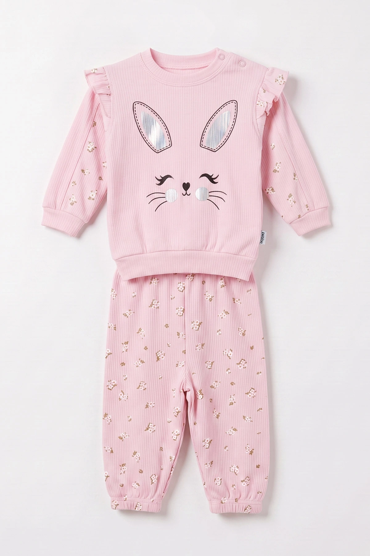 Pembe (9-24  Ay)  Kedi Baskılı Omuz Fırfırlı Lastikli Paça Fitilli Kumaş Kız Bebek Takım 480173