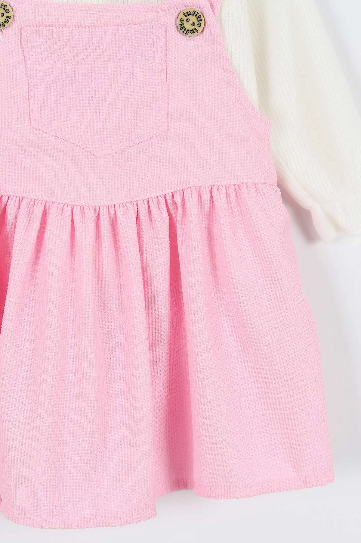 Pembe (9-24 Ay) Ön Cep Detaylı Fitilli Kumaş Güpürlü Badili Kız Bebek Elbise 338767