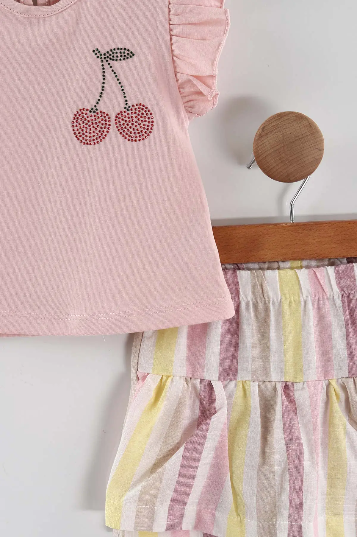 Pembe (9-36 Ay) Taşlı Kiraz Baskılı Kol Fırfırlı Şort Etekli Kız Bebek Yazlık Takım 455081