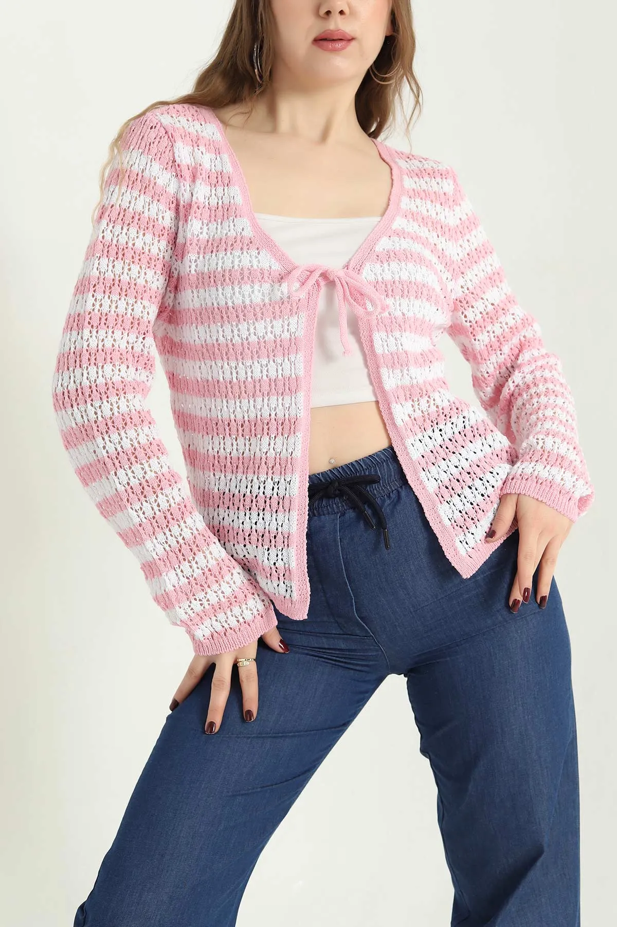 Pembe Ajurlu Çizgili Triko Hırka 340822