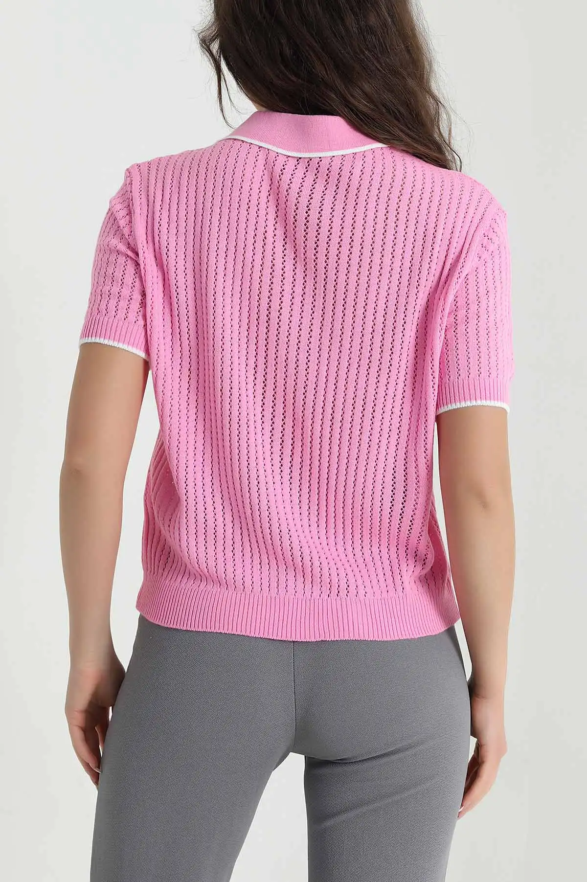 Pembe Ajurlu Polo Yaka Kadın Triko 460899