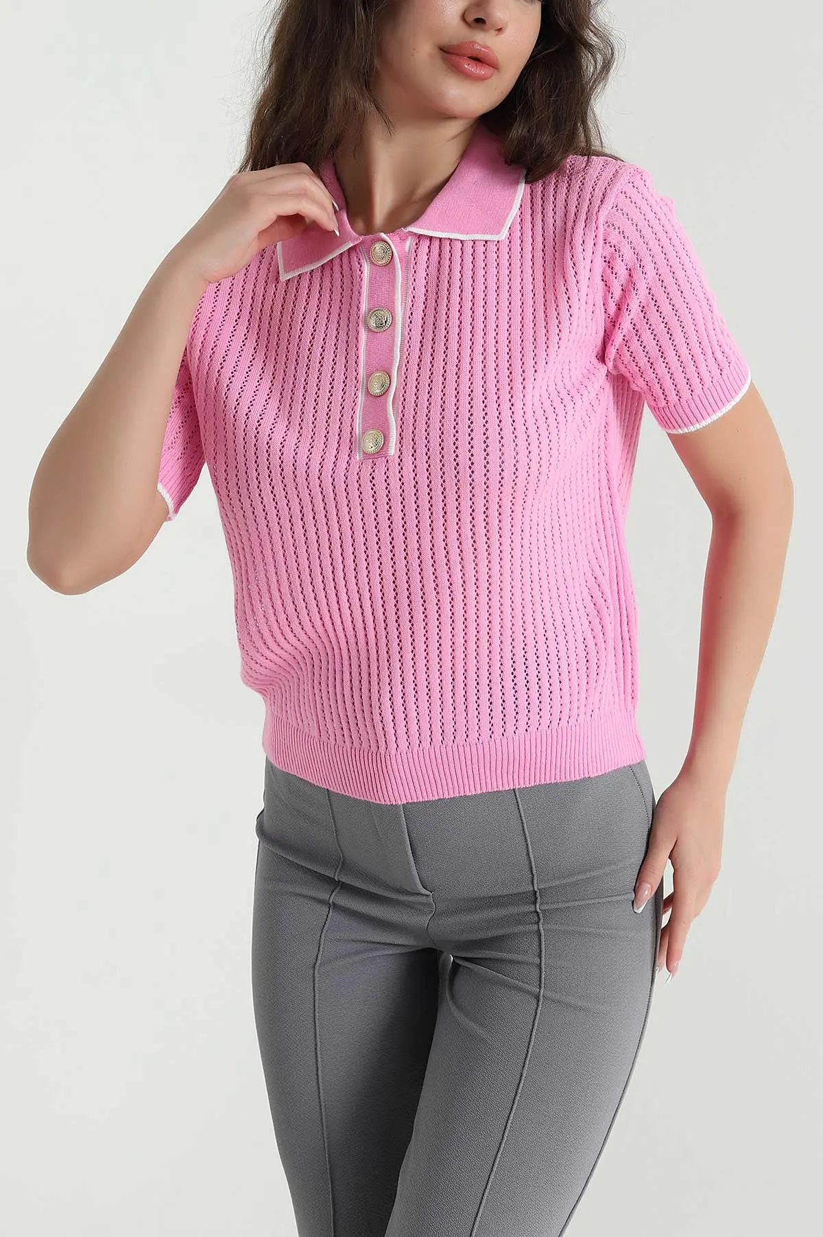 Pembe Ajurlu Polo Yaka Kadın Triko 460899