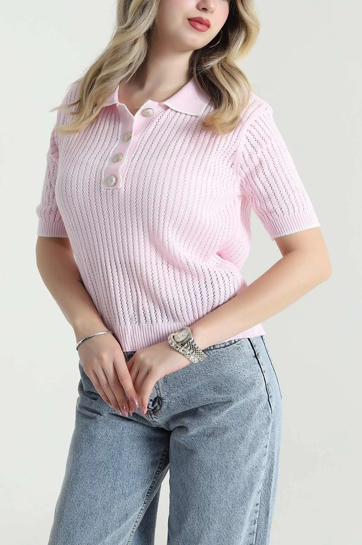Pembe Ajurlu Polo Yaka Triko 477704