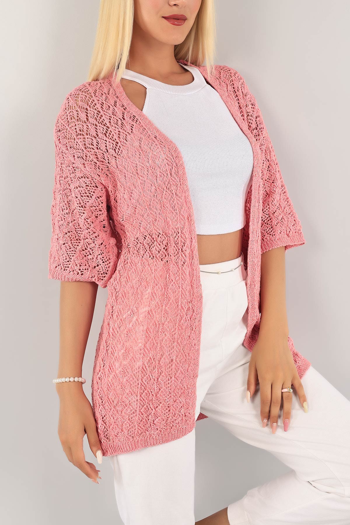 Pembe Ajurlu Triko Hırka 124498