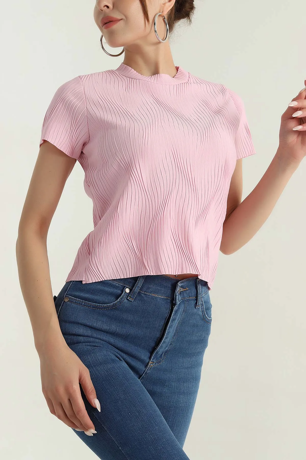 Pembe Akordiyon Kumaş Kadın Tişört 379979