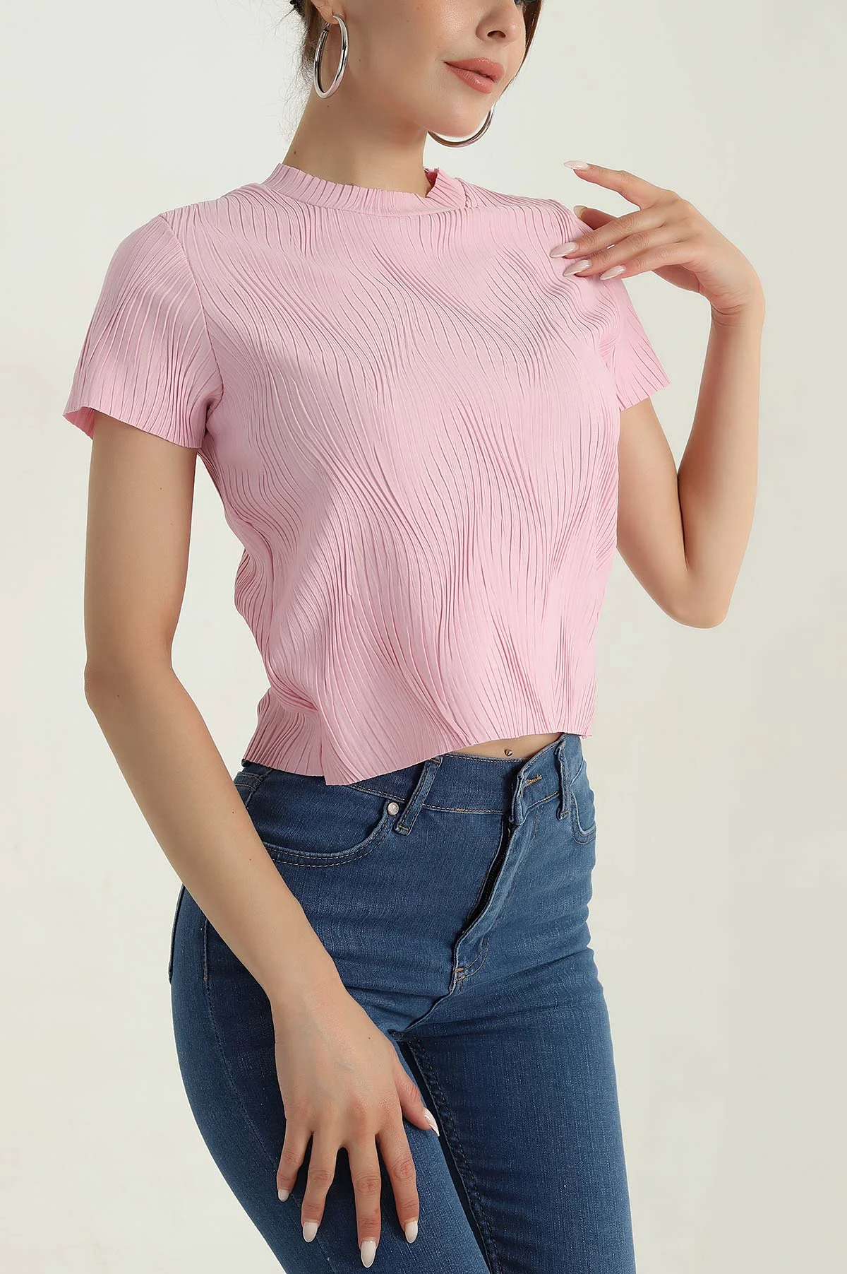 Pembe Akordiyon Kumaş Kadın Tişört 379979