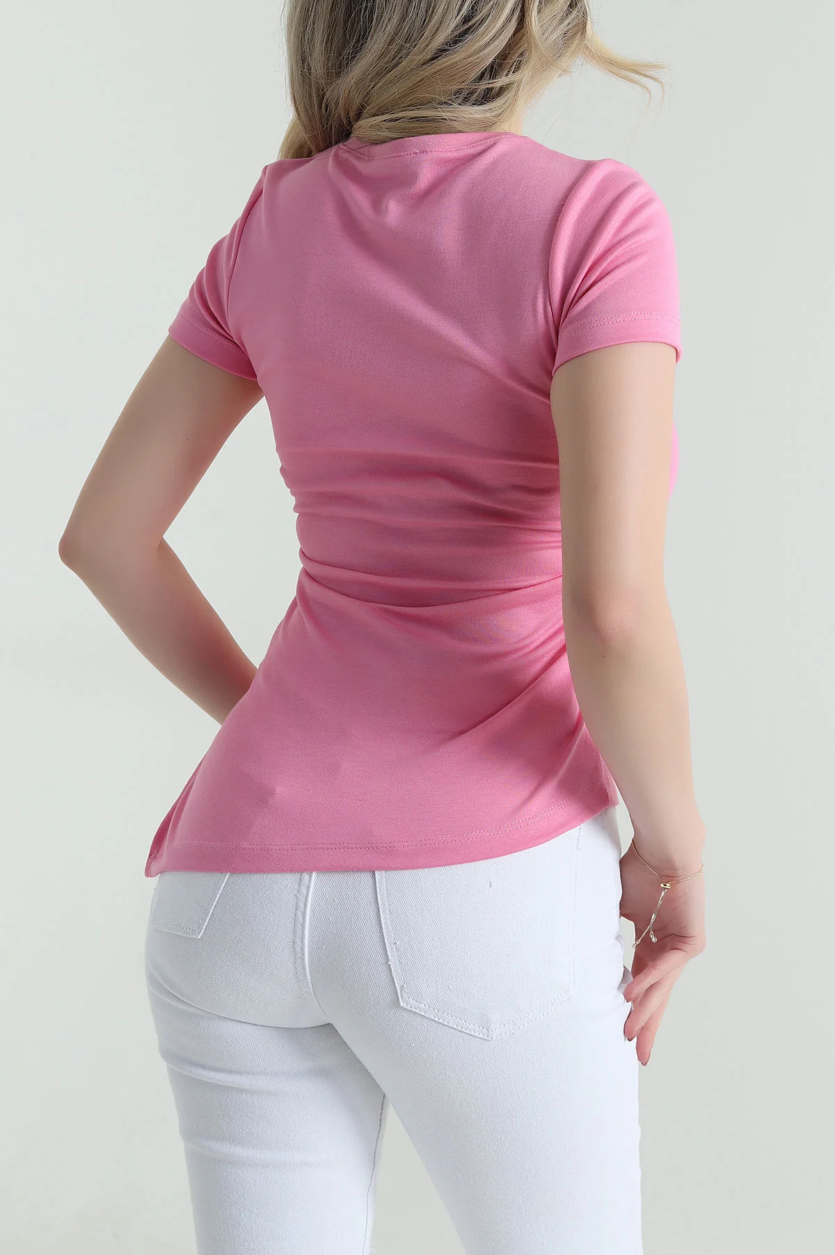 Pembe Asimetrik Kesim Büzgülü Oysho Kadın Bluz 458326