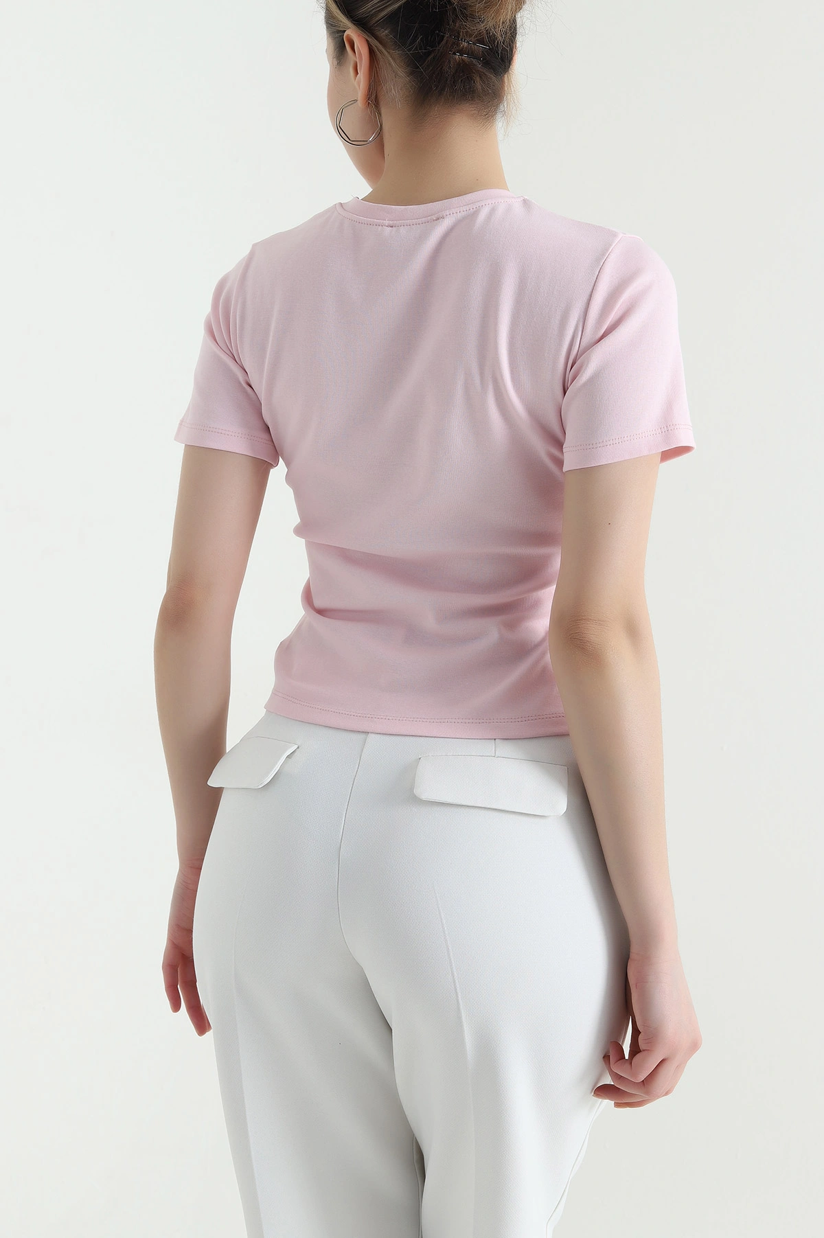 Pembe Asimetrik Kesim Tokalı Kadın Ribana Bluz 446570