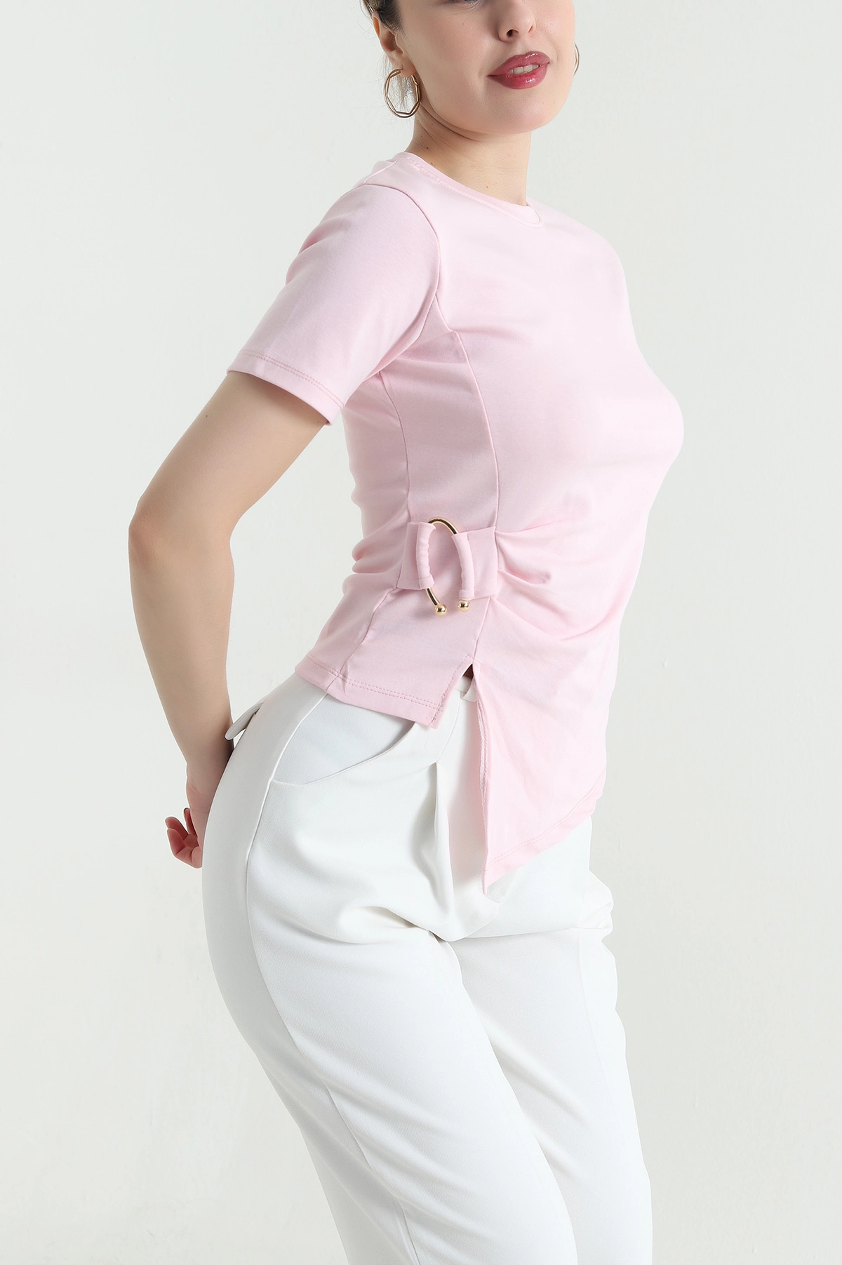 Pembe Asimetrik Kesim Tokalı Kadın Ribana Bluz 446570