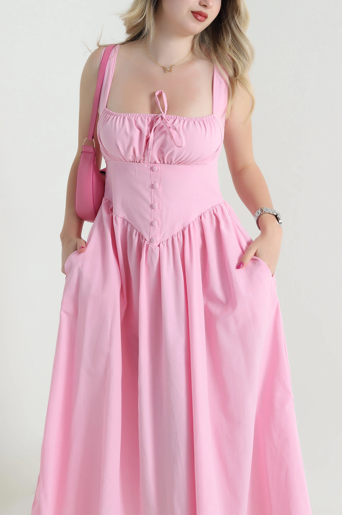 Pembe Askılı Dokuma Kadın Korse Elbise 463404