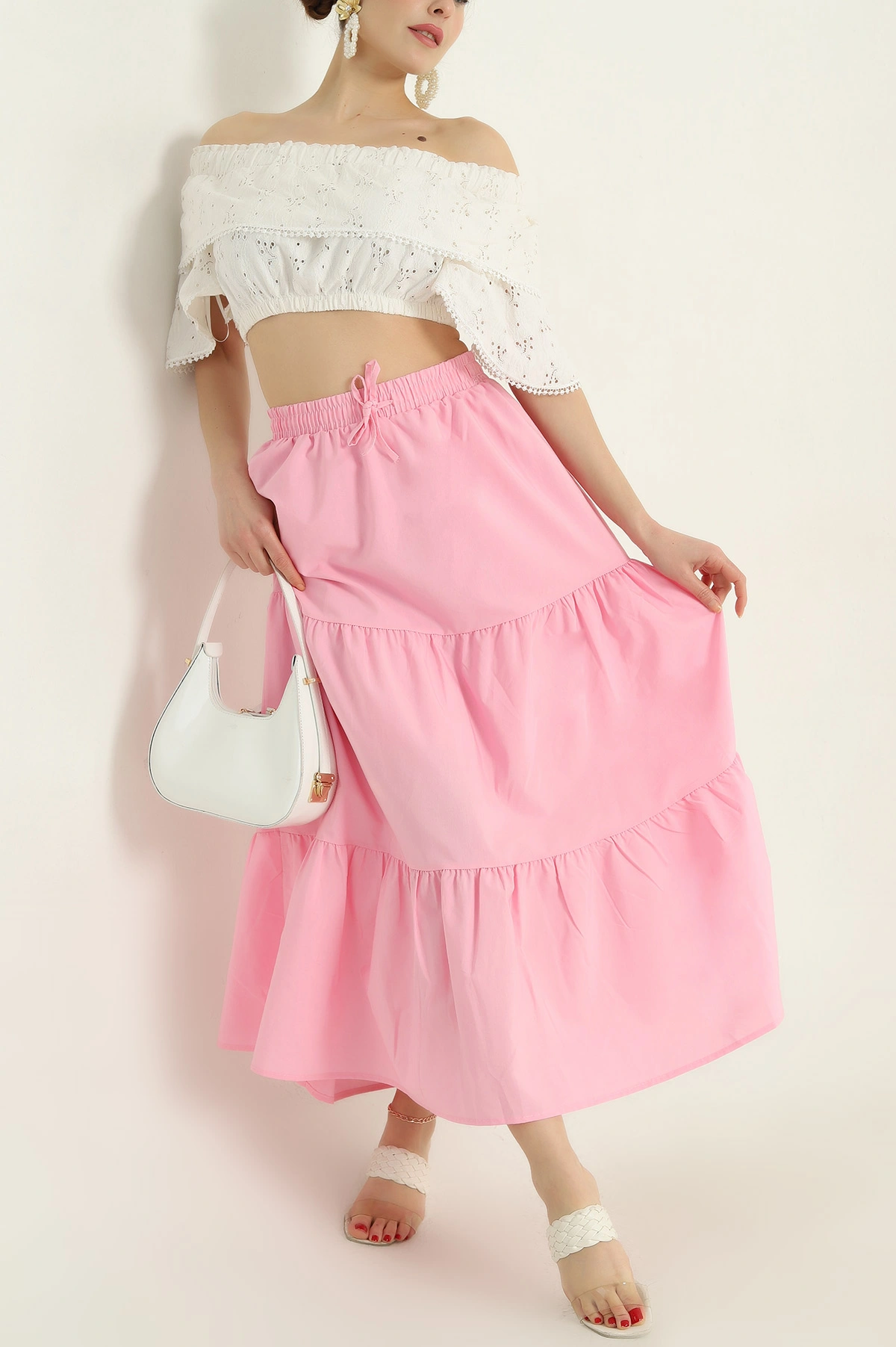 Pembe Astarlı Beli Lastikli Poplin Etek 336902
