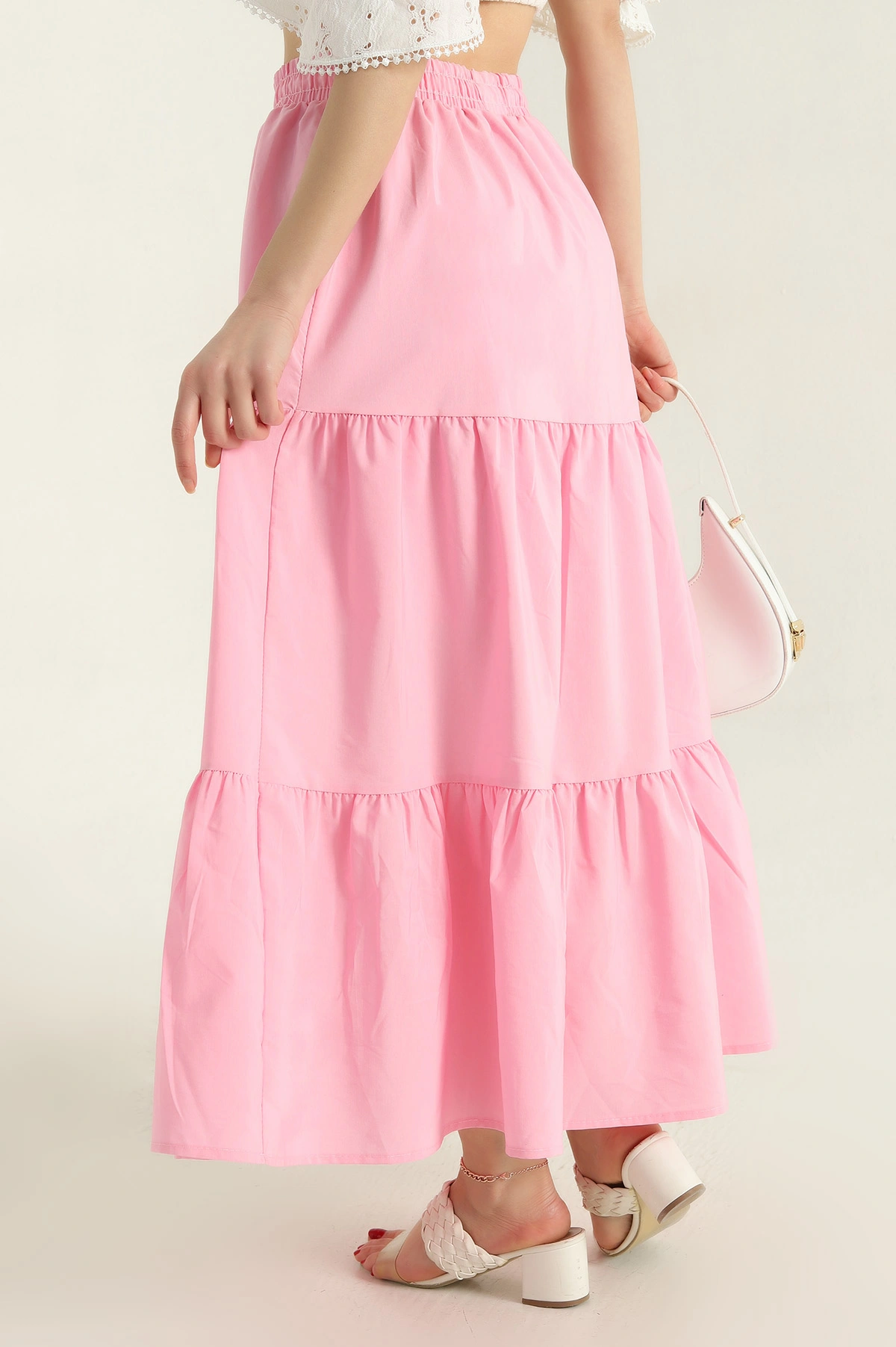 Pembe Astarlı Beli Lastikli Poplin Etek 336902