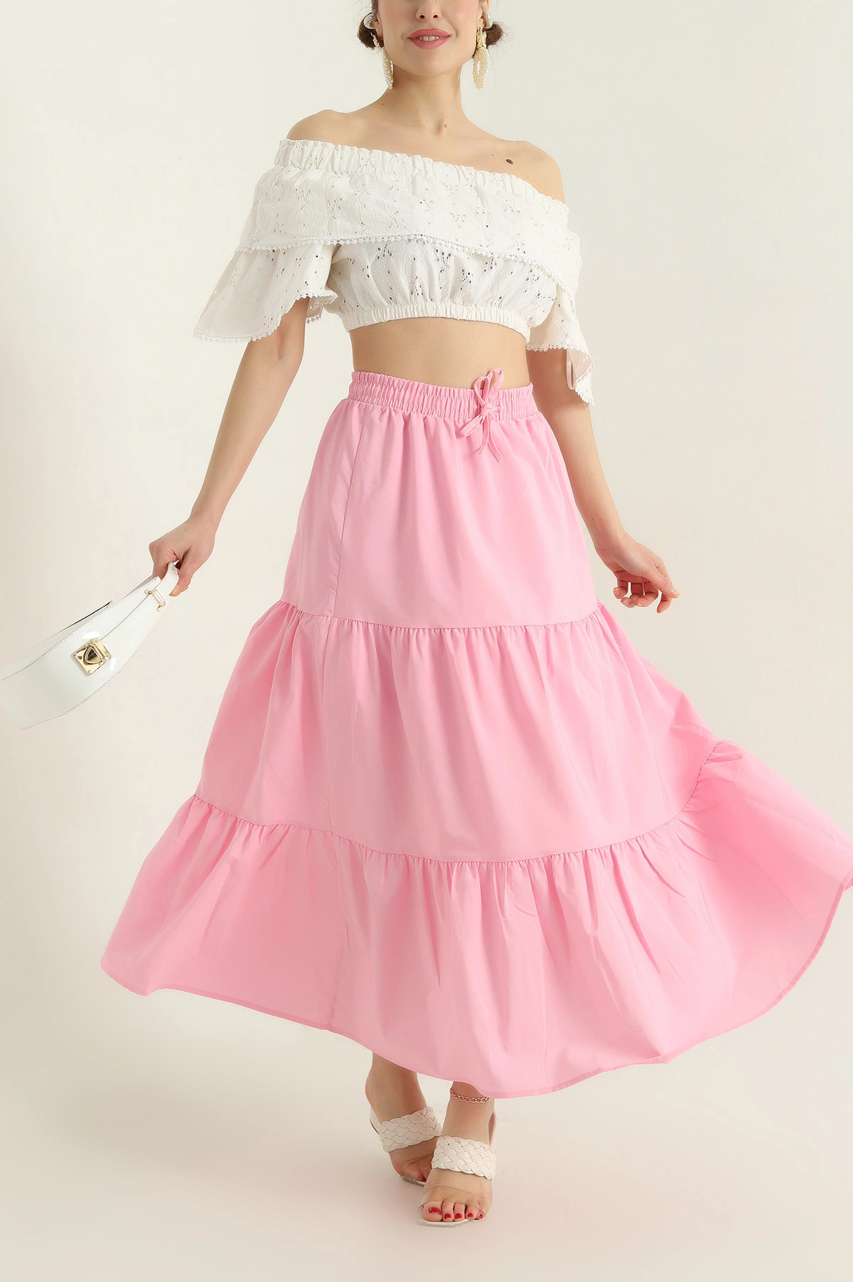 Pembe Astarlı Beli Lastikli Poplin Etek 336902