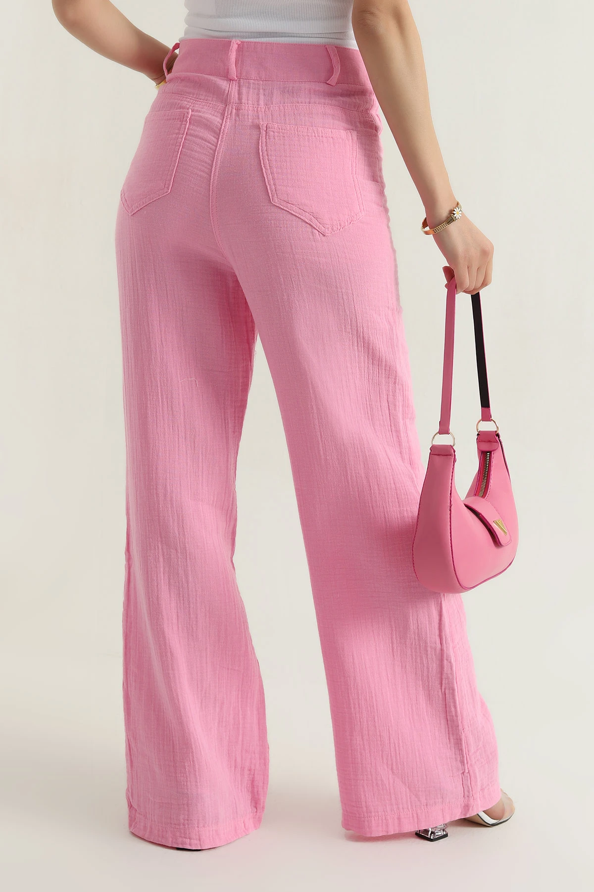 Pembe Astarlı Cep Detay Müslin Keten Kadın Pantolon 380704