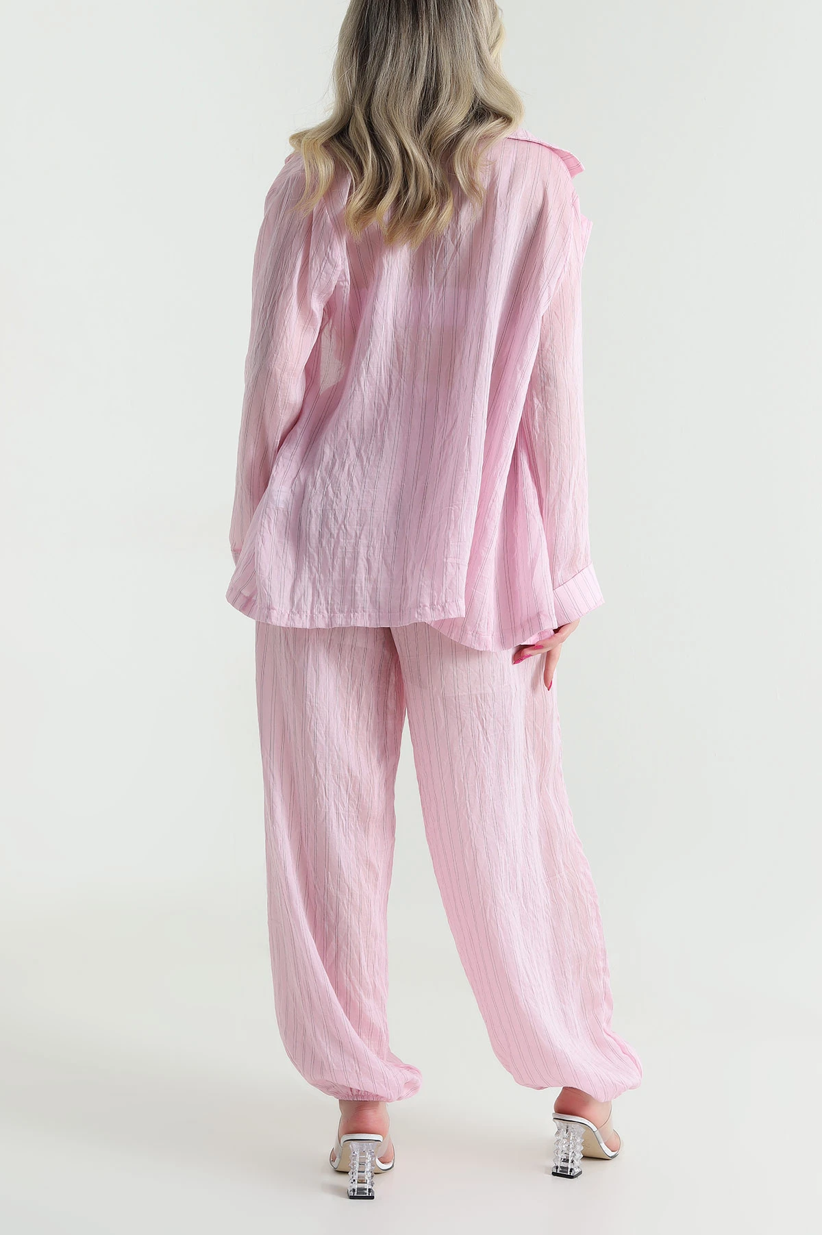 Pembe Astarlı Çizgili Tencel Kadın Üçlü Takım 462737