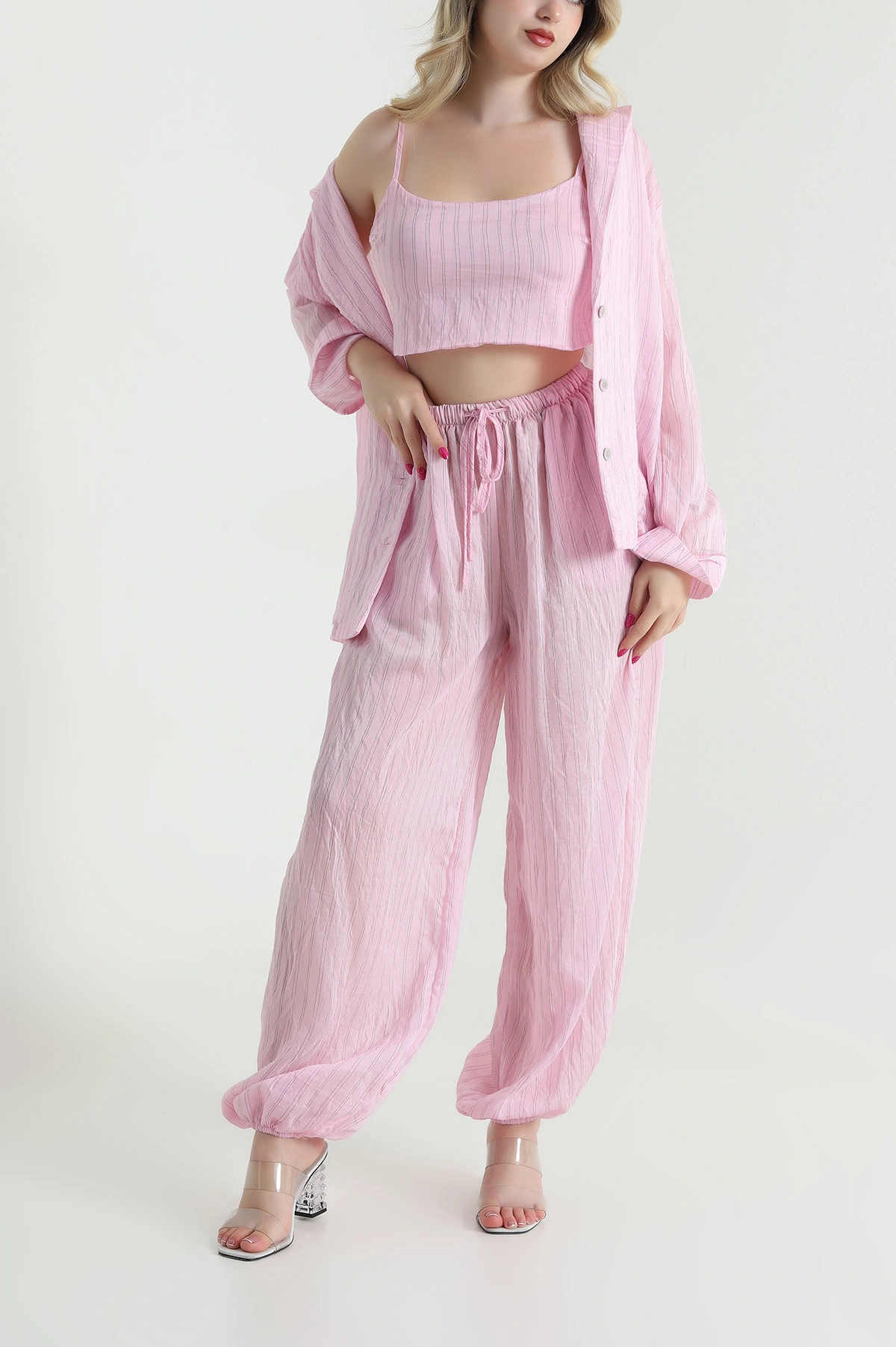 Pembe Astarlı Çizgili Tencel Kadın Üçlü Takım 462737