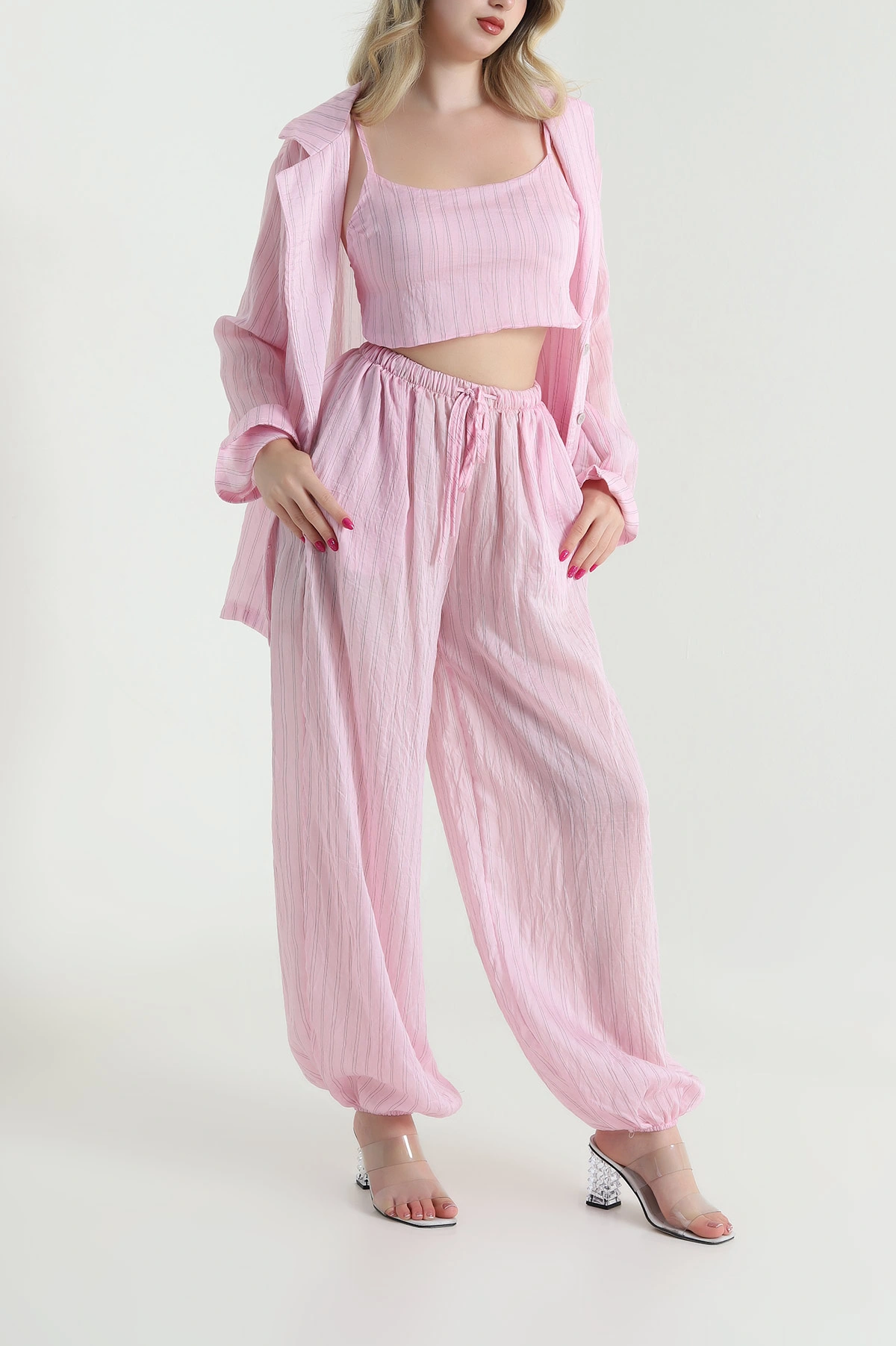 Pembe Astarlı Çizgili Tencel Kadın Üçlü Takım 462737