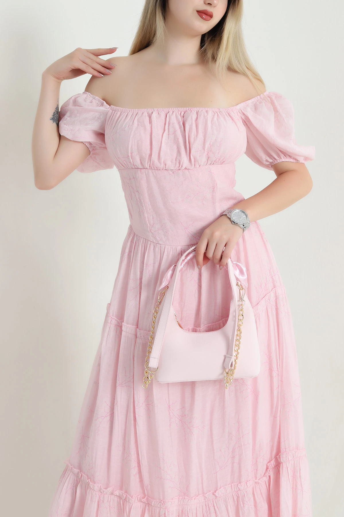 Pembe Astarlı Gipeli Baskılı Puff Krinkıl Kadın Elbise 469660