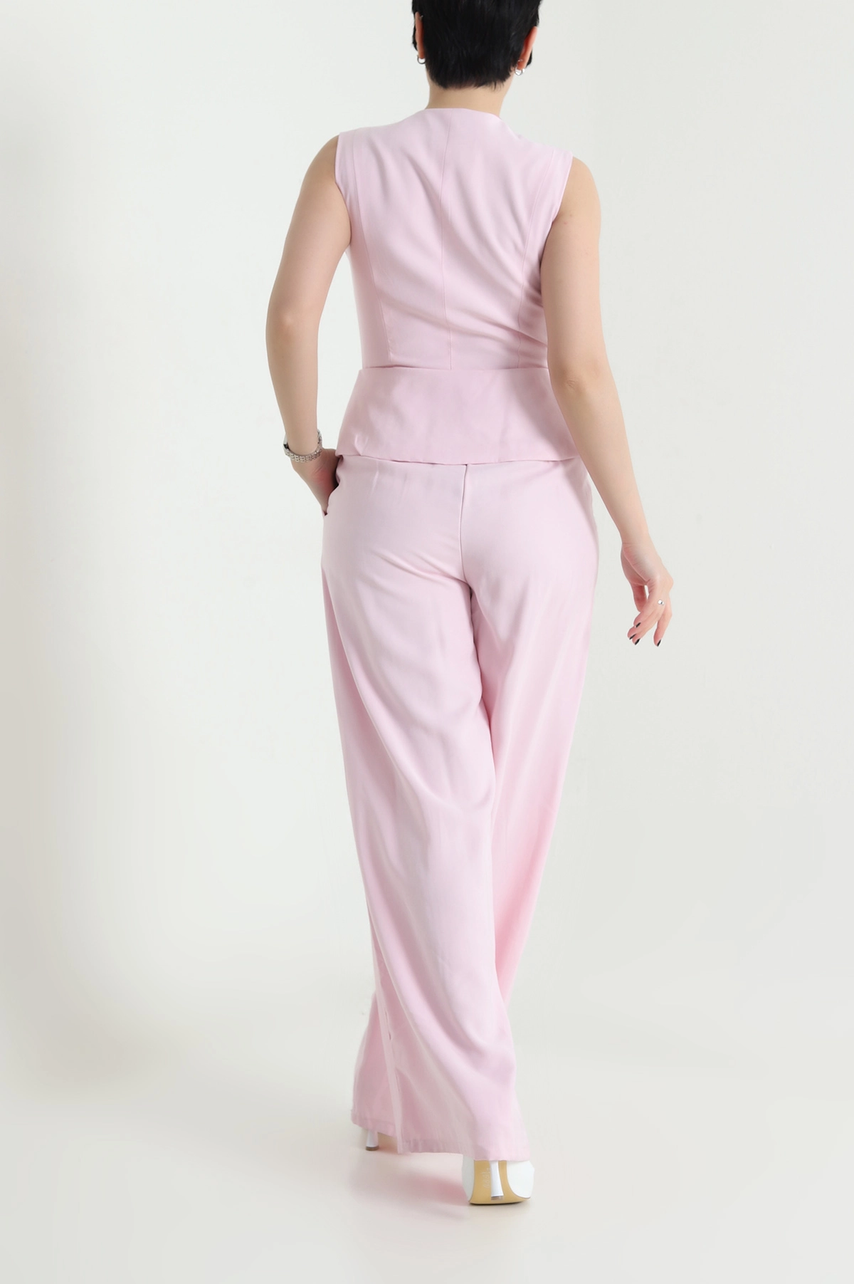 Pembe Astarlı Kolsuz İthal Gabardin Kadın Tulum Elbise 454303