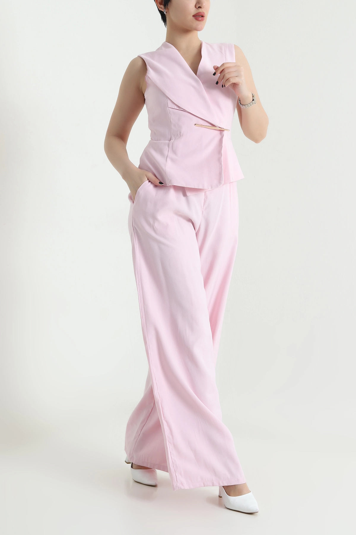 Pembe Astarlı Kolsuz İthal Gabardin Kadın Tulum Elbise 454303
