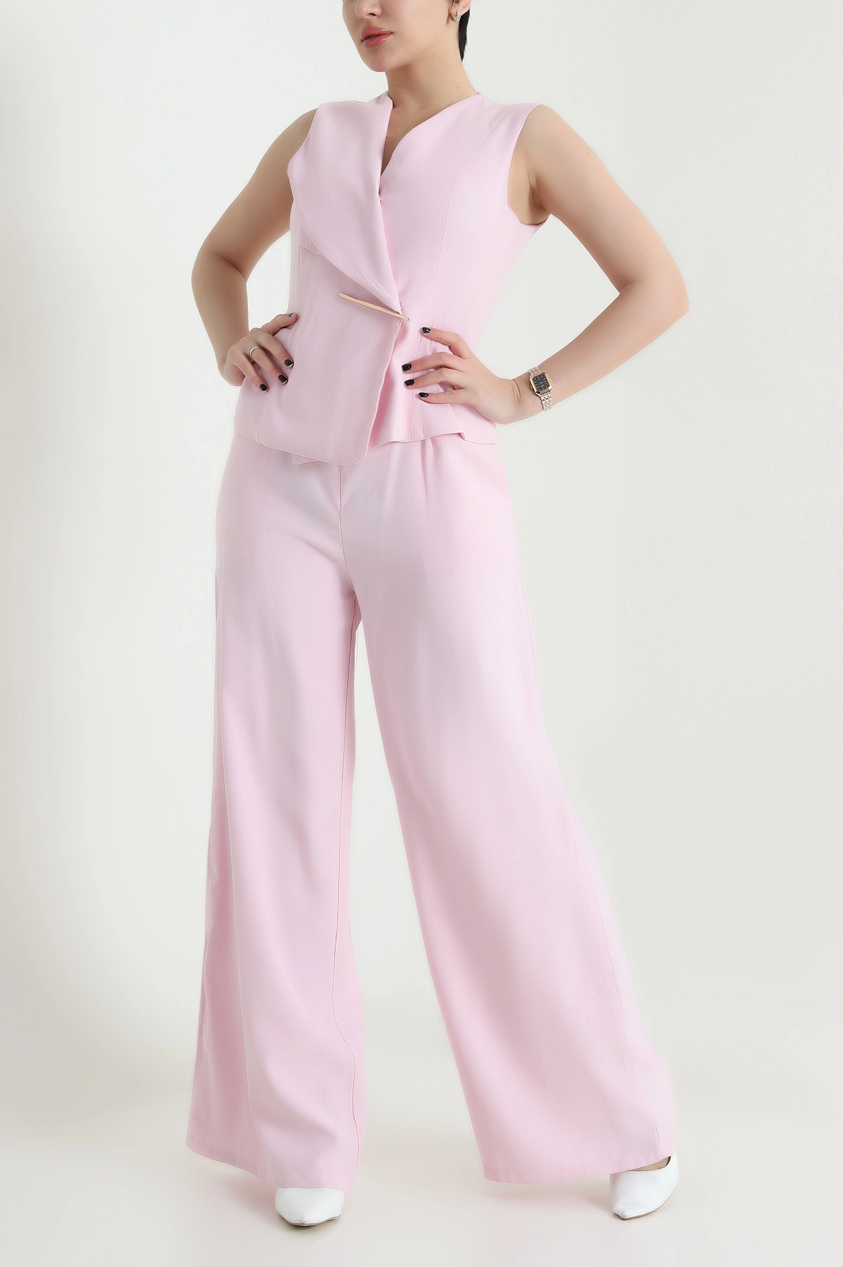 Pembe Astarlı Kolsuz İthal Gabardin Kadın Tulum Elbise 454303