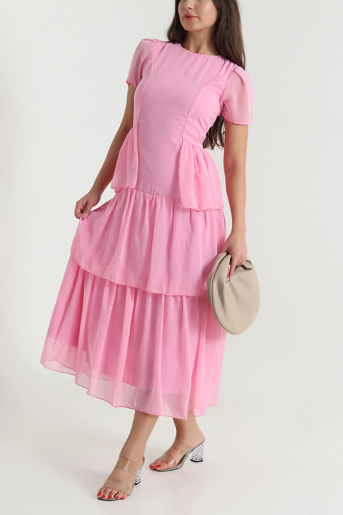 Pembe Astarlı Şifon Kadın Elbise 478155