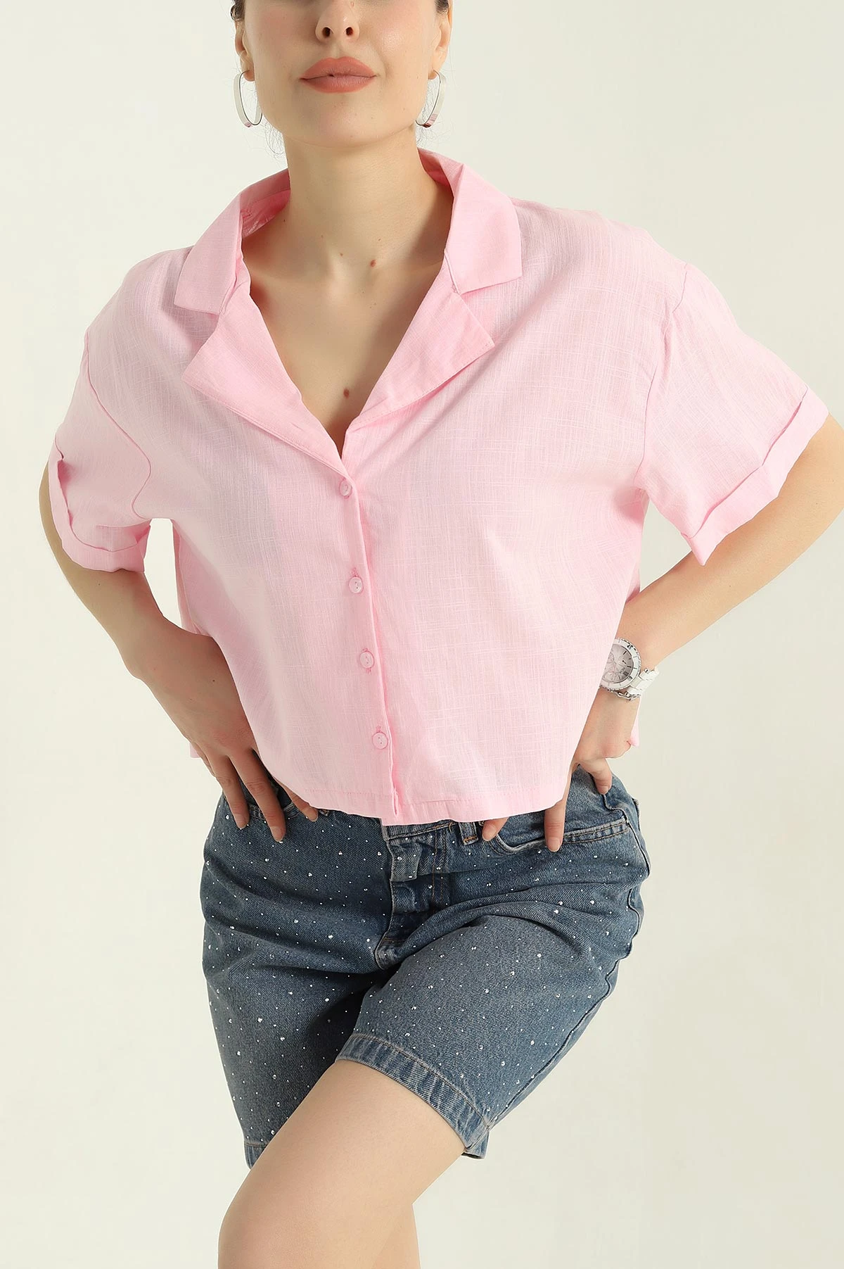 Pembe Ata Yaka Duble Kol Keten Kadın Gömlek 365471