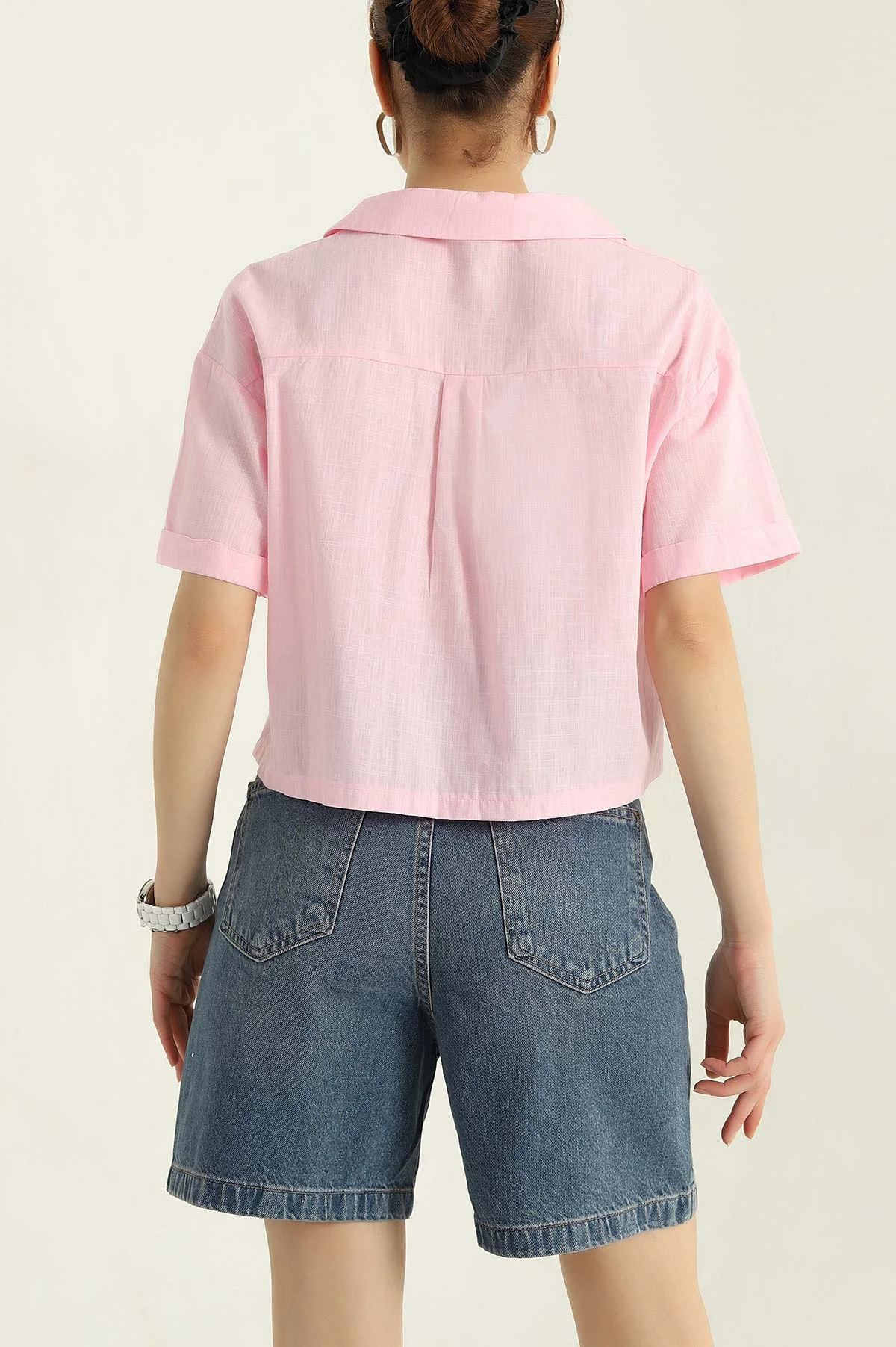 Pembe Ata Yaka Duble Kol Keten Kadın Gömlek 365471