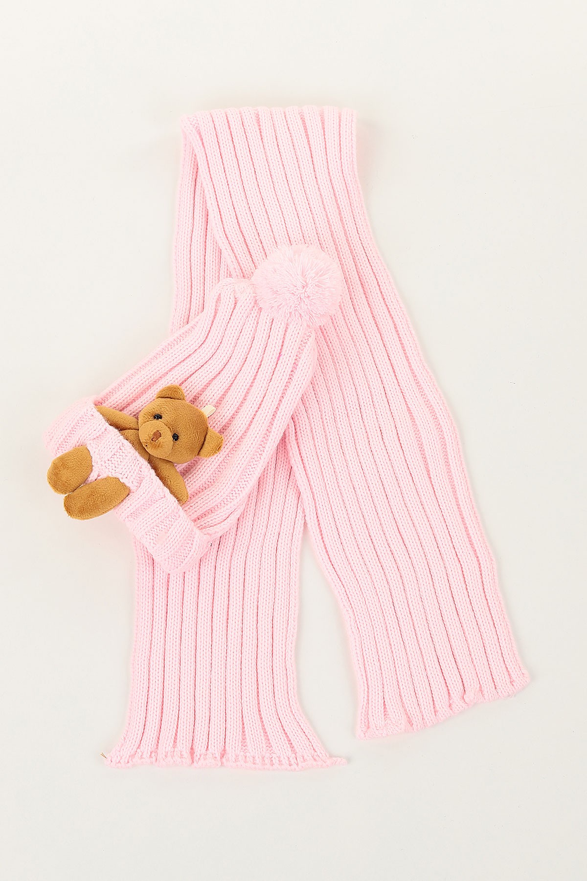 Pembe (Atkı: 92 cm Bere: 19 cm) Ponpnlu Ayı Oyuncaklı Atkı Bere 144818