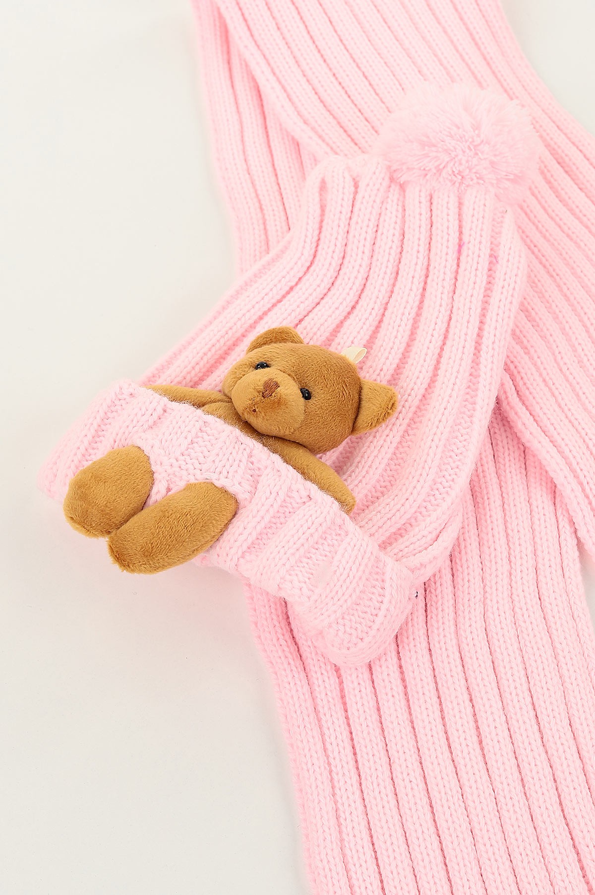 Pembe (Atkı: 92 cm Bere: 19 cm) Ponpnlu Ayı Oyuncaklı Atkı Bere 144818