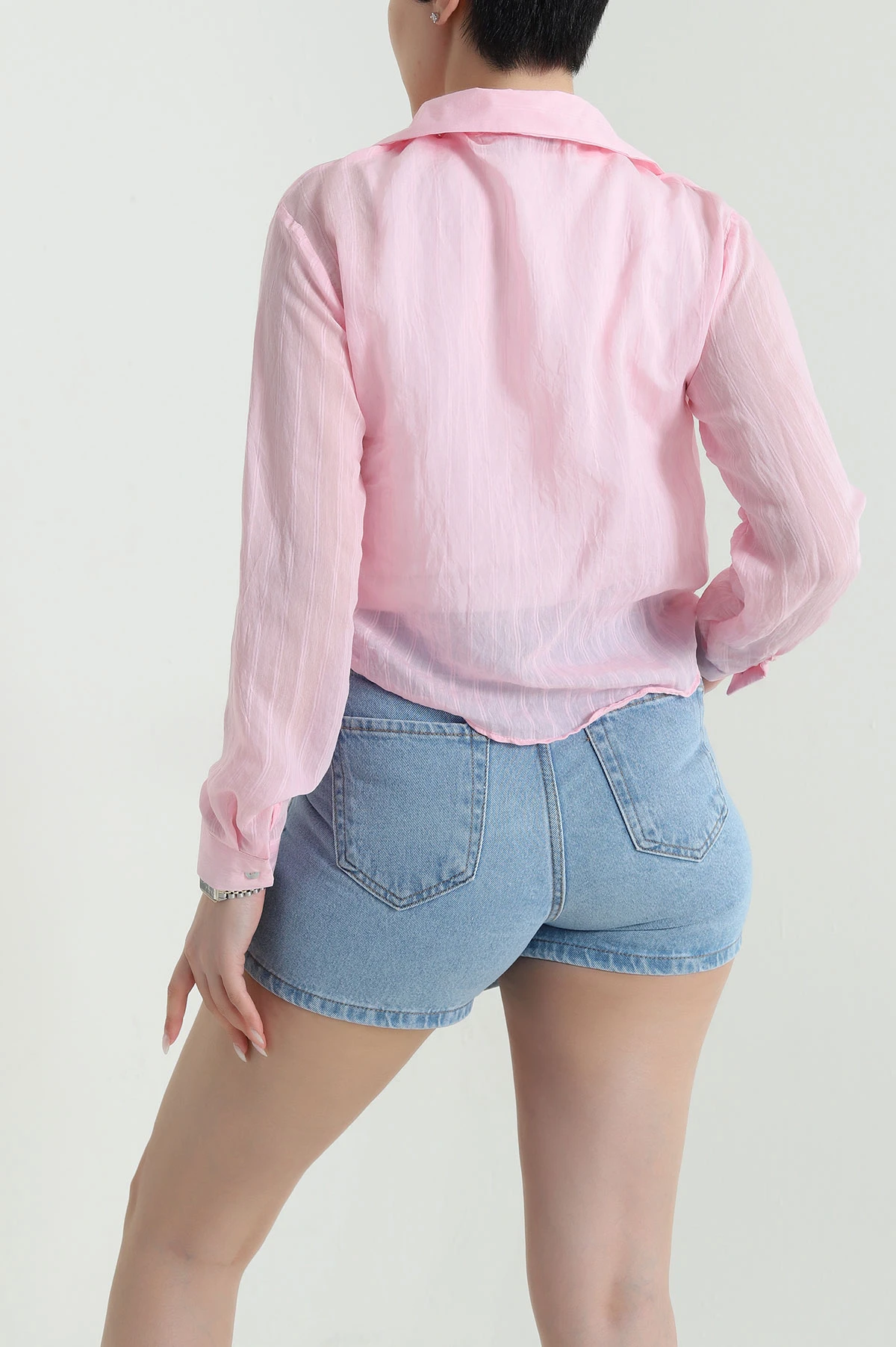 Pembe Atletli Tencel Kadın Balon Gömlek 449380