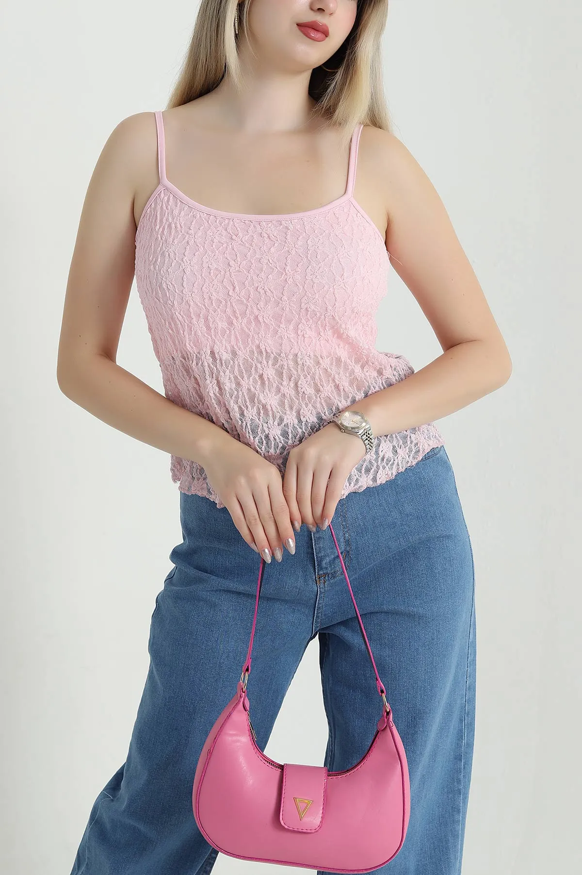 Pembe Ayarlanabilir İp Askılı Kadın Tül Bluz 470269