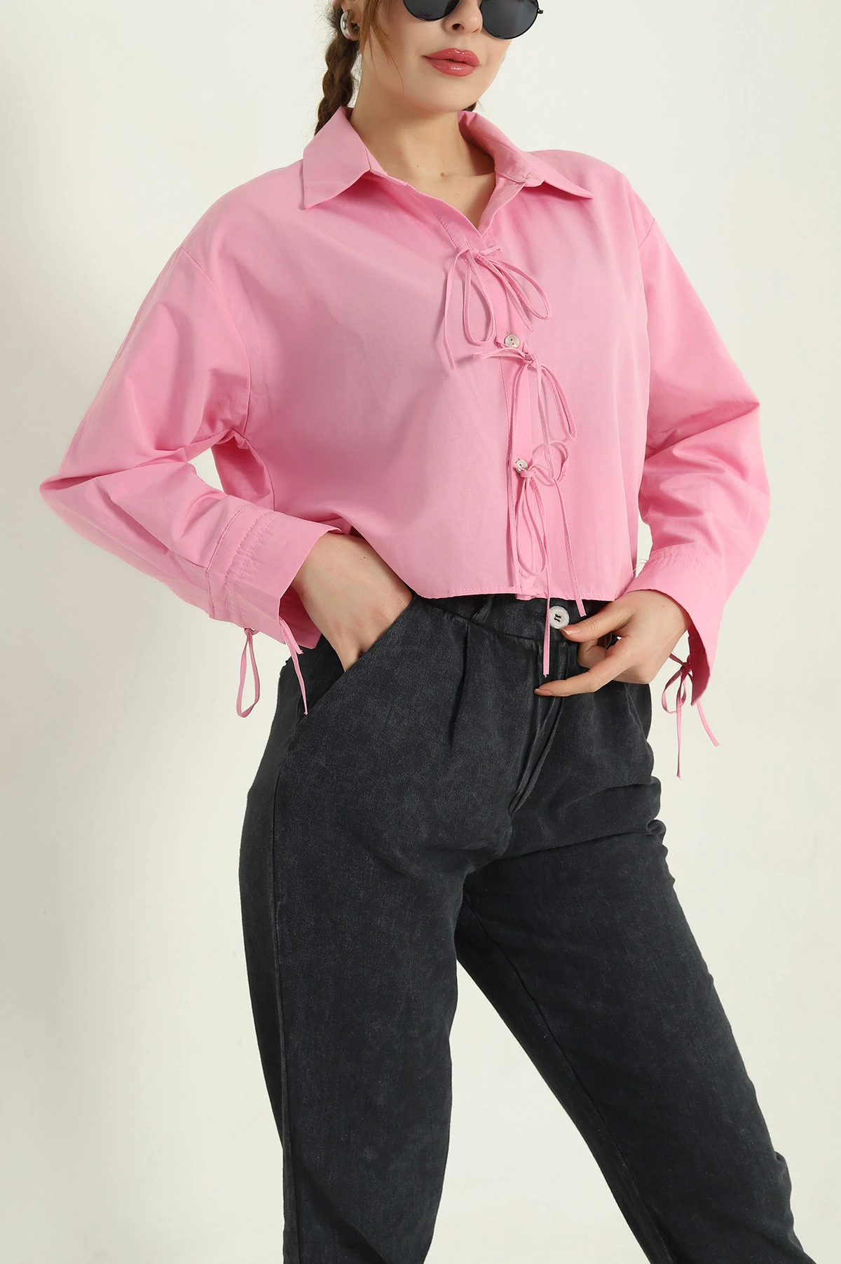 Pembe Bağlama Tasarımlı Poplin Bayan Gömlek 336839