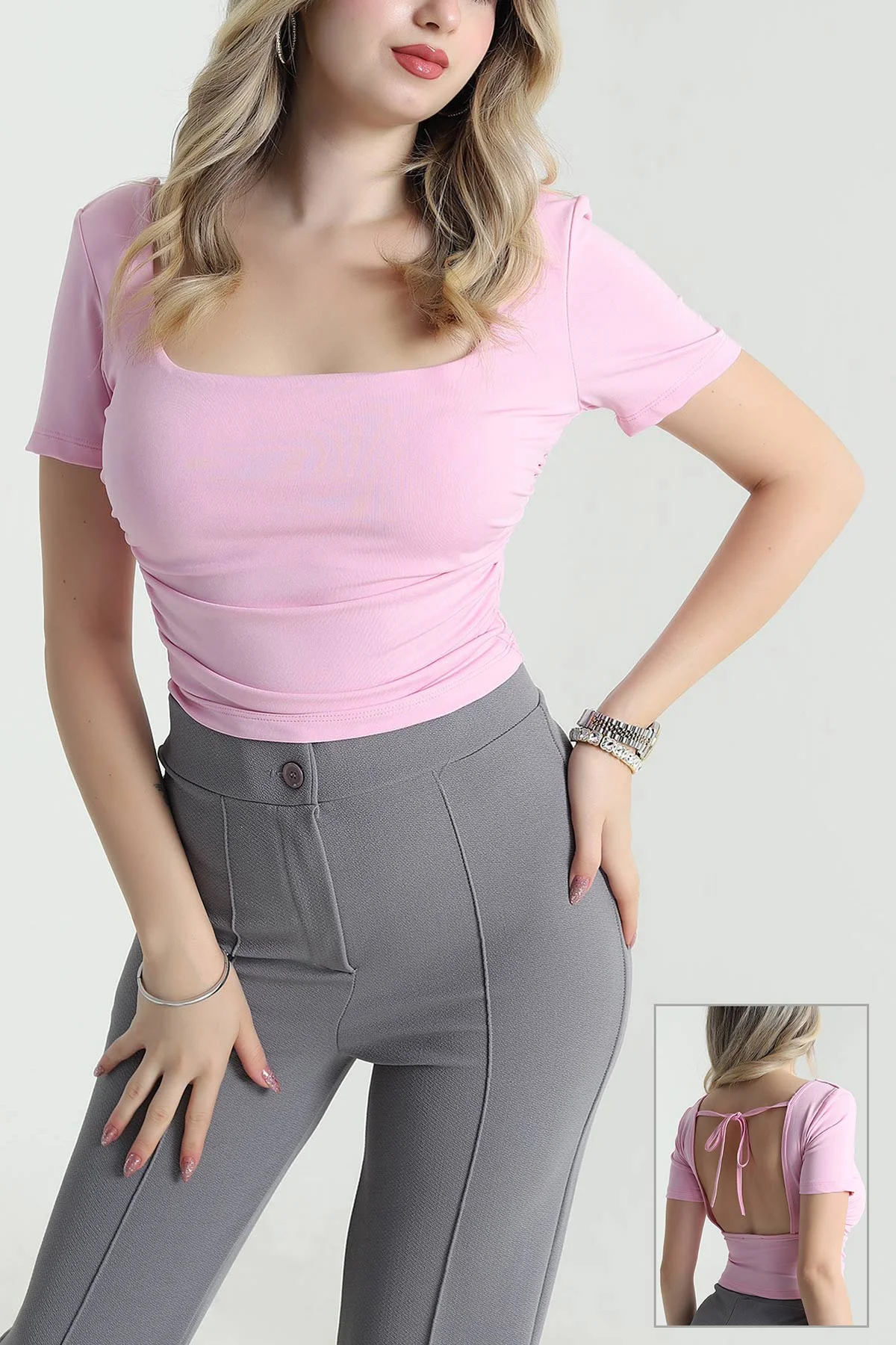 Pembe Bağlamalı Büzgülü Crop Bluz 477664