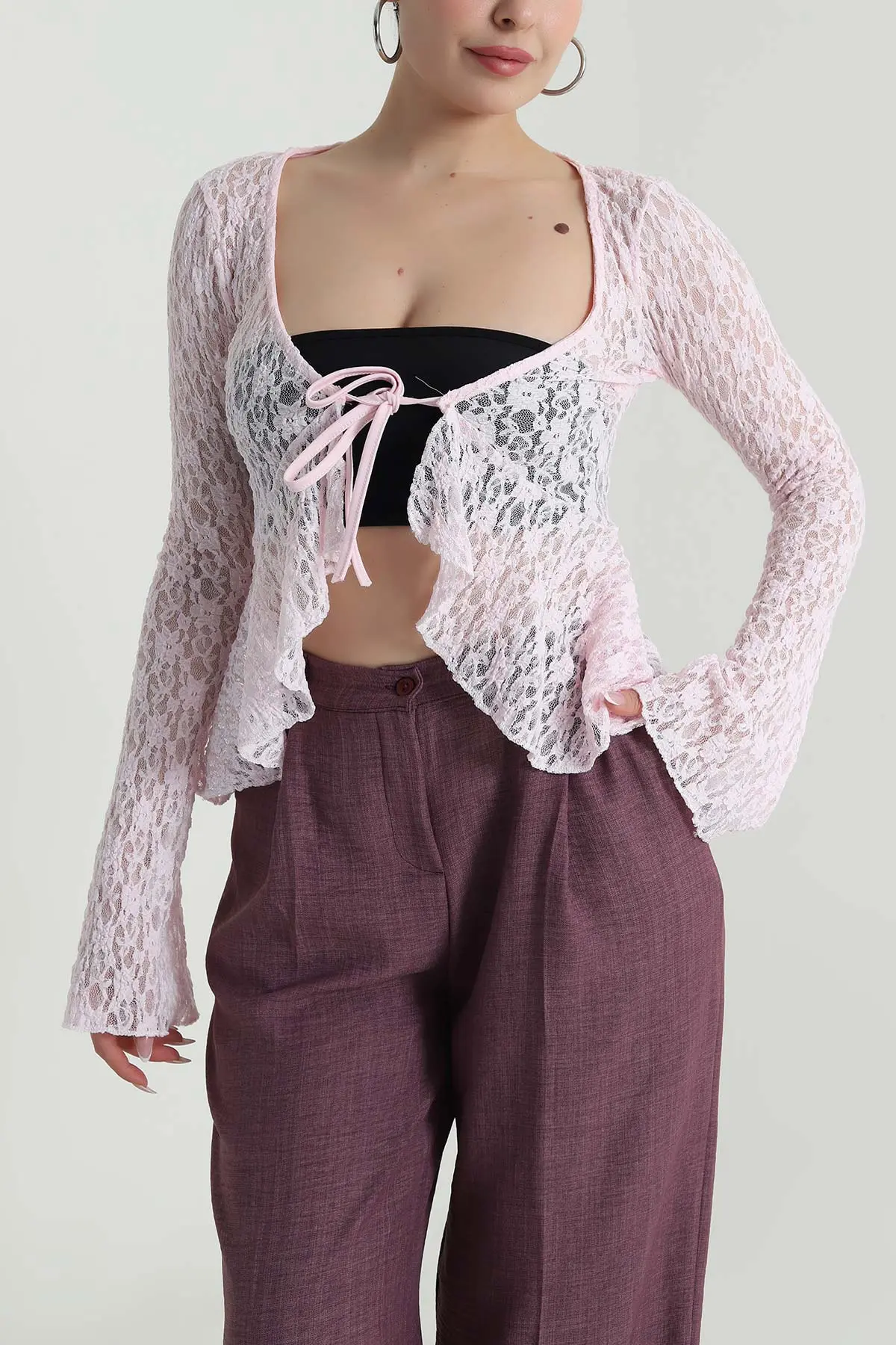 Pembe Bağlamalı Dantelli Kadın Bluz 488630