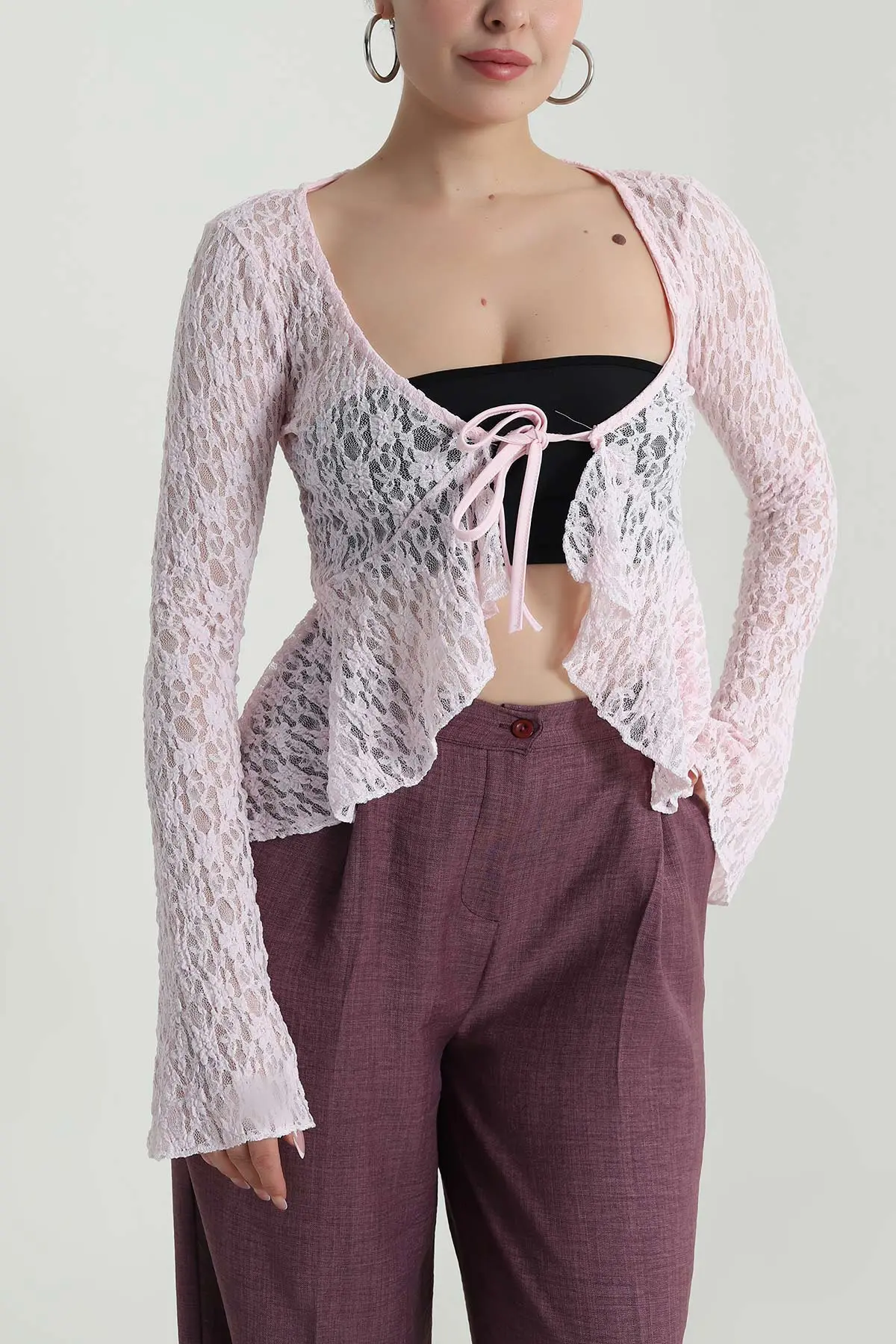 Pembe Bağlamalı Dantelli Kadın Bluz 488630