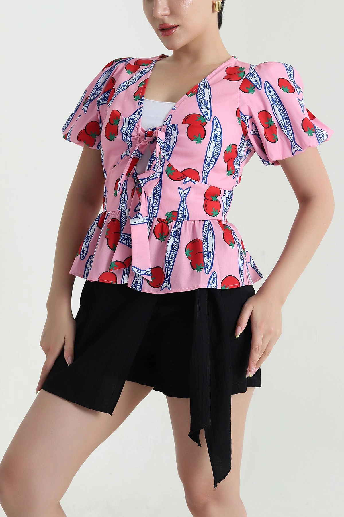 Pembe Bağlamalı Desenli Alya Poplin Kadın Bluz 469289