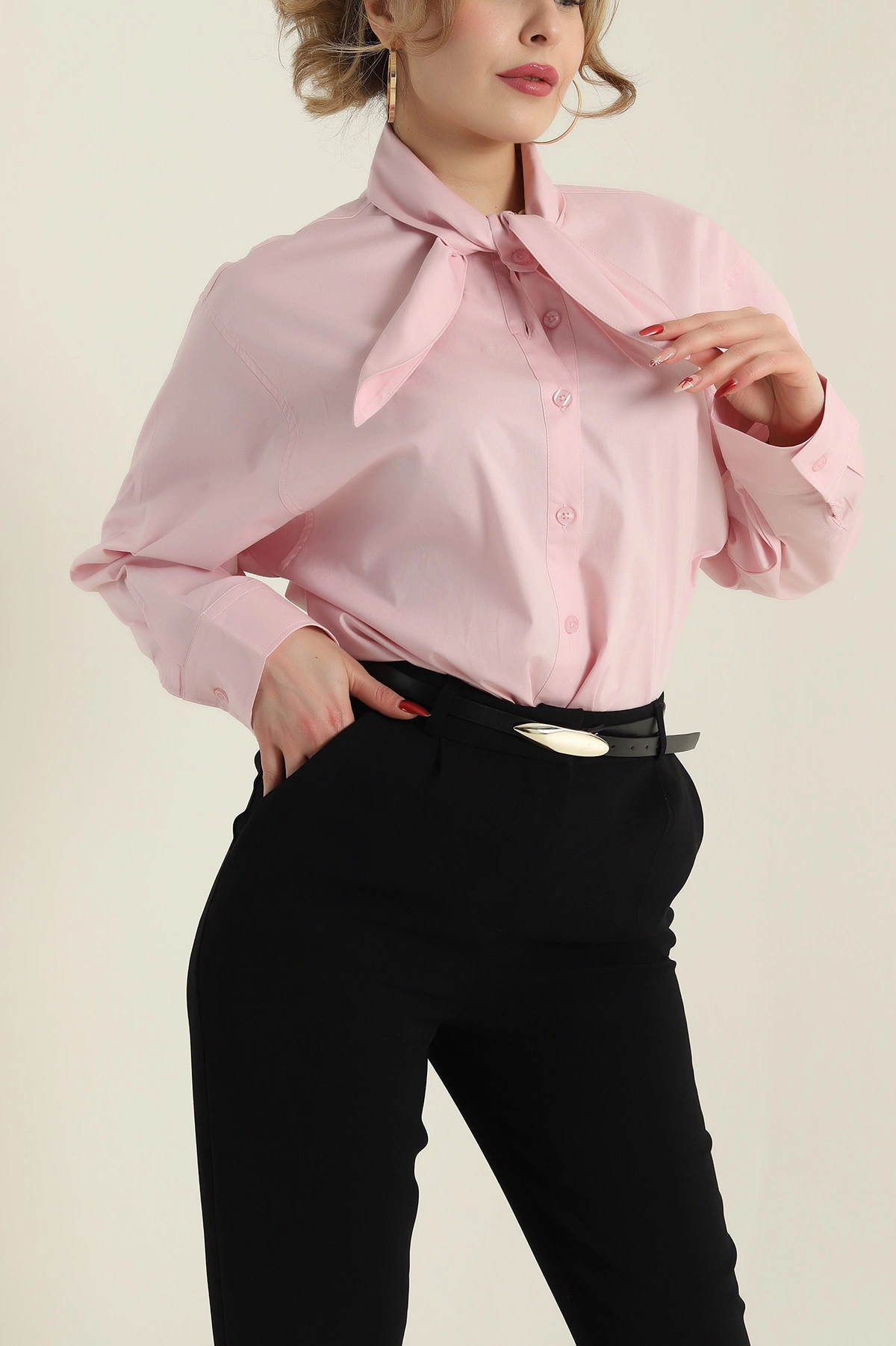 Pembe Bağlamalı Fular Yakalı Poplin Dokuma Kadın Gömlek 425581
