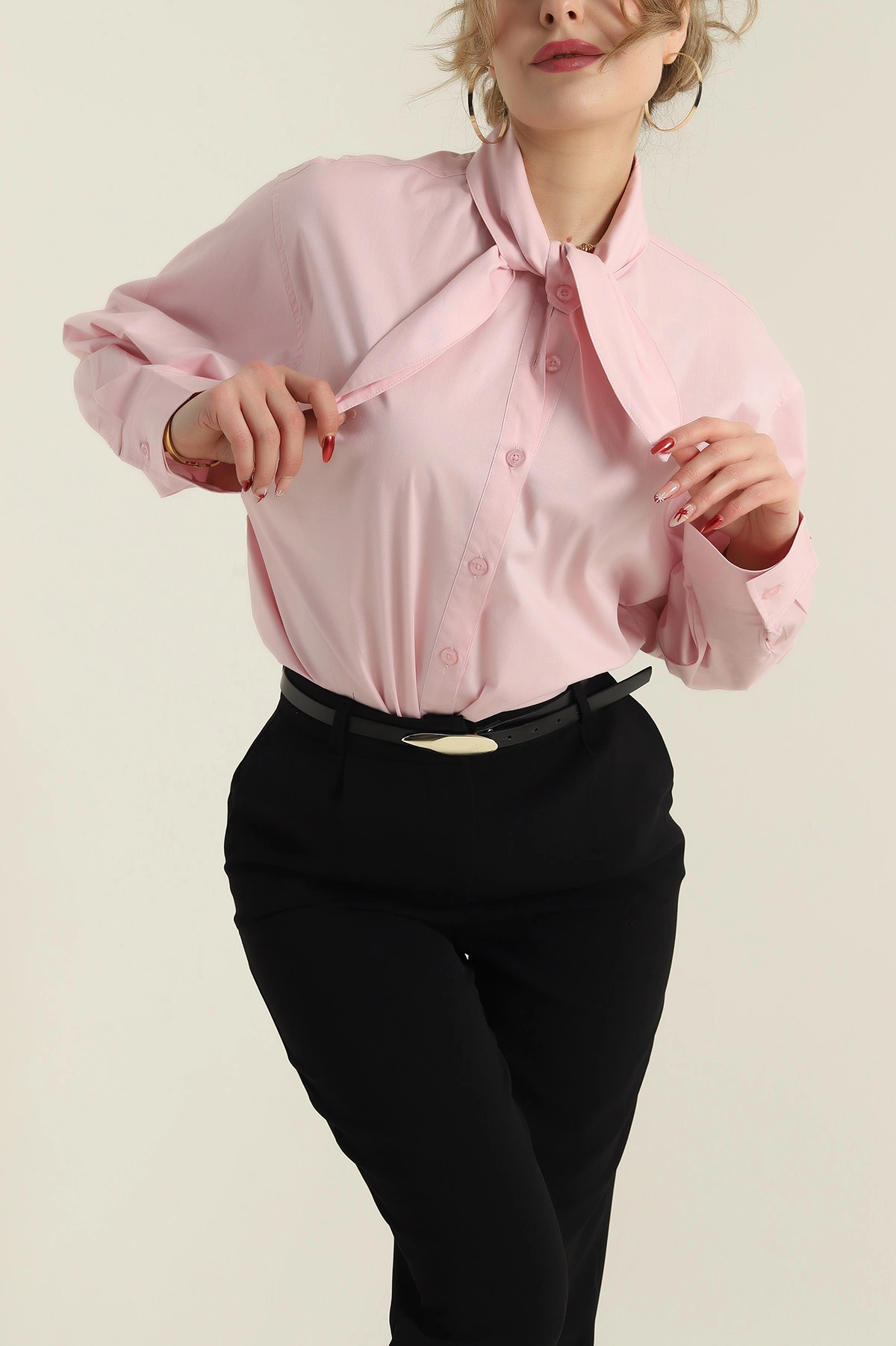 Pembe Bağlamalı Fular Yakalı Poplin Dokuma Kadın Gömlek 425581