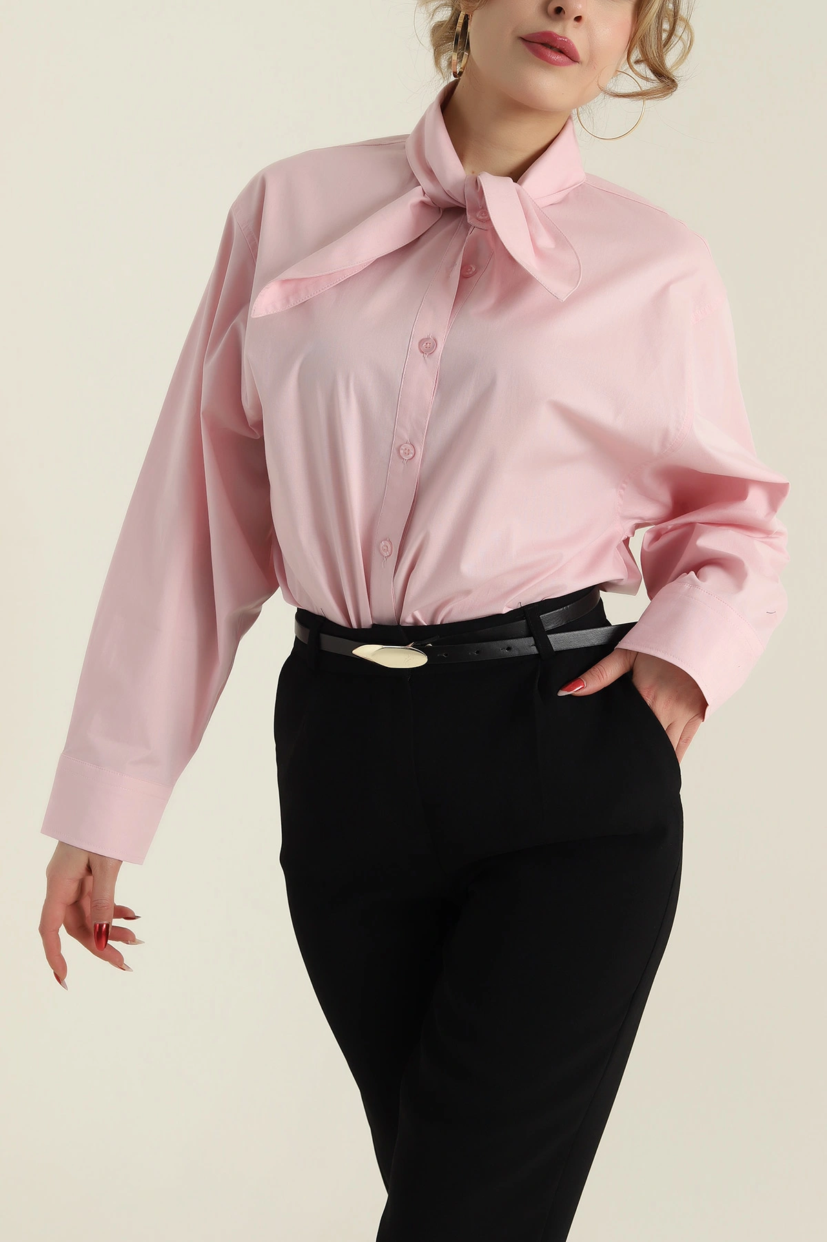 Pembe Bağlamalı Fular Yakalı Poplin Dokuma Kadın Gömlek 425581