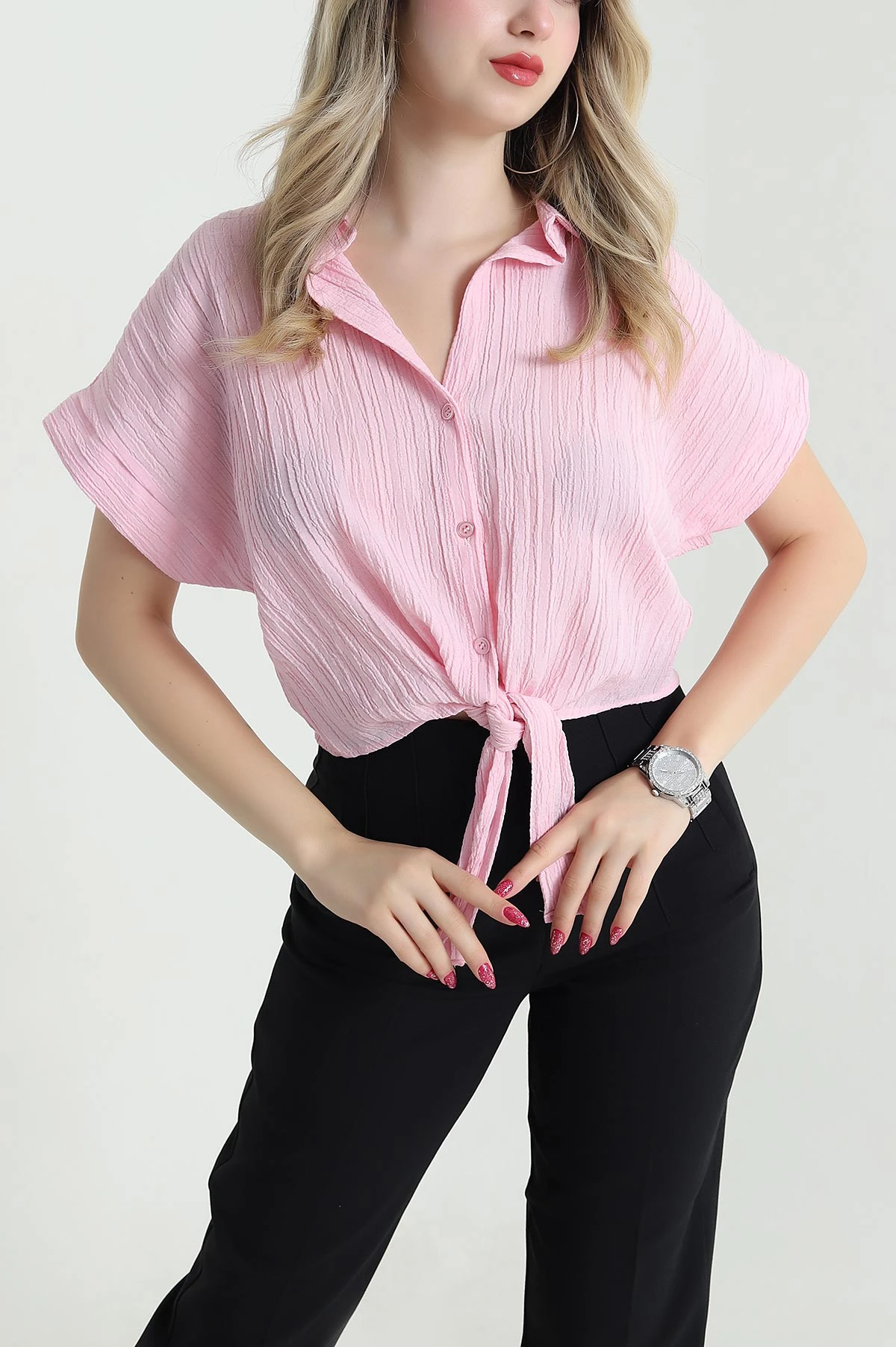 Pembe Bağlamalı Gofre Kadın Gömlek 475719