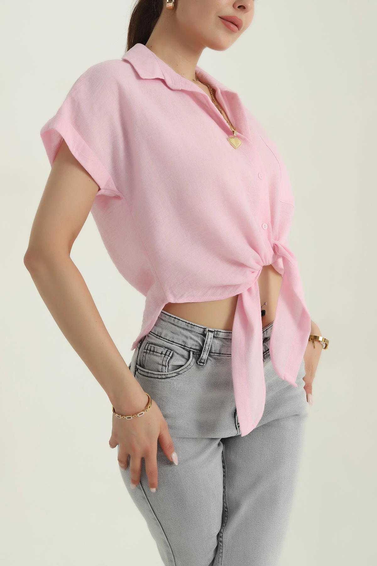 Pembe Bağlamalı Müslin Kadın Gömlek 377816