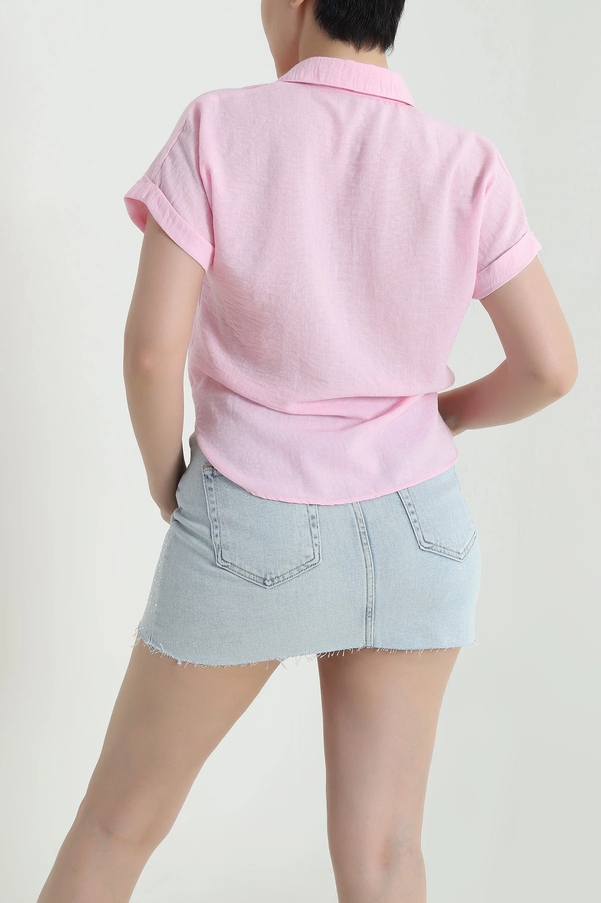 Pembe Bağlamalı Müslin Keten Kadın Gömlek 462354