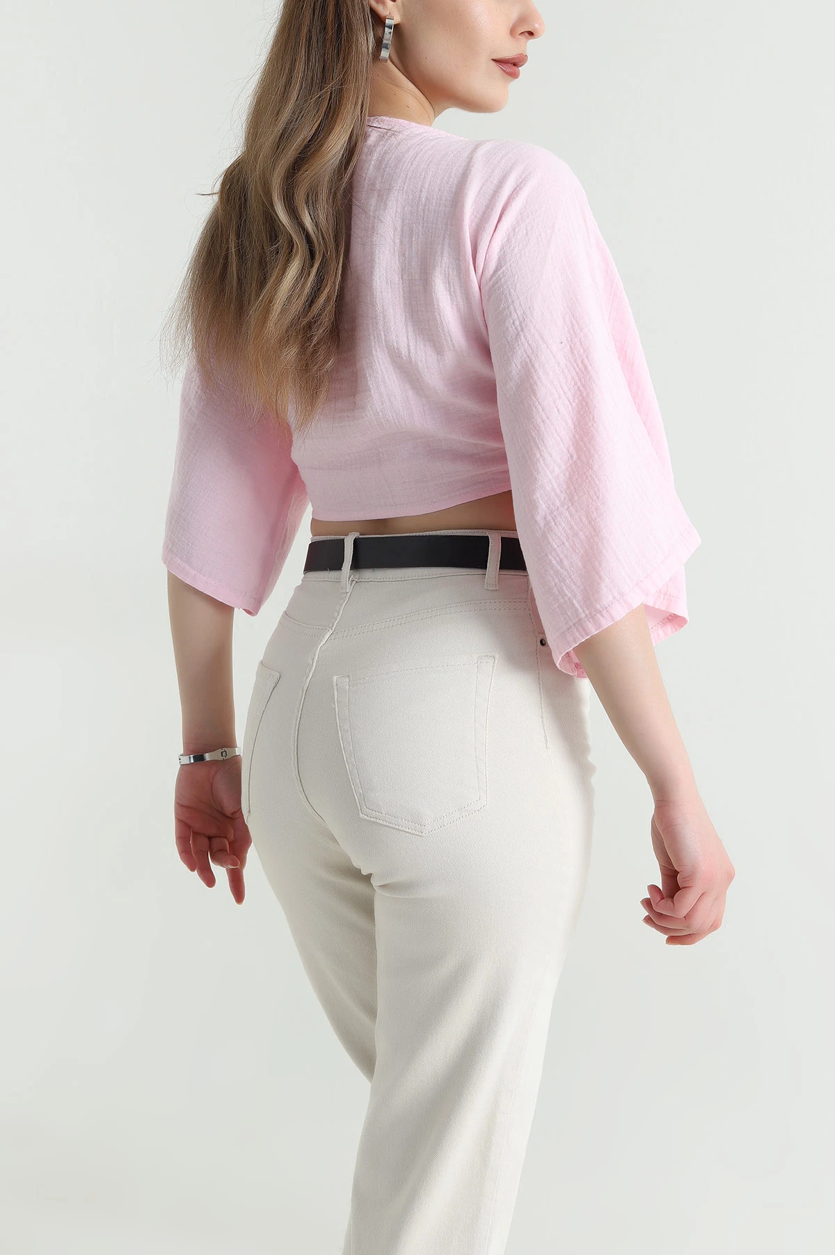 Pembe Bağlamalı Müslin Keten Kadın Kimono Bluz 464822
