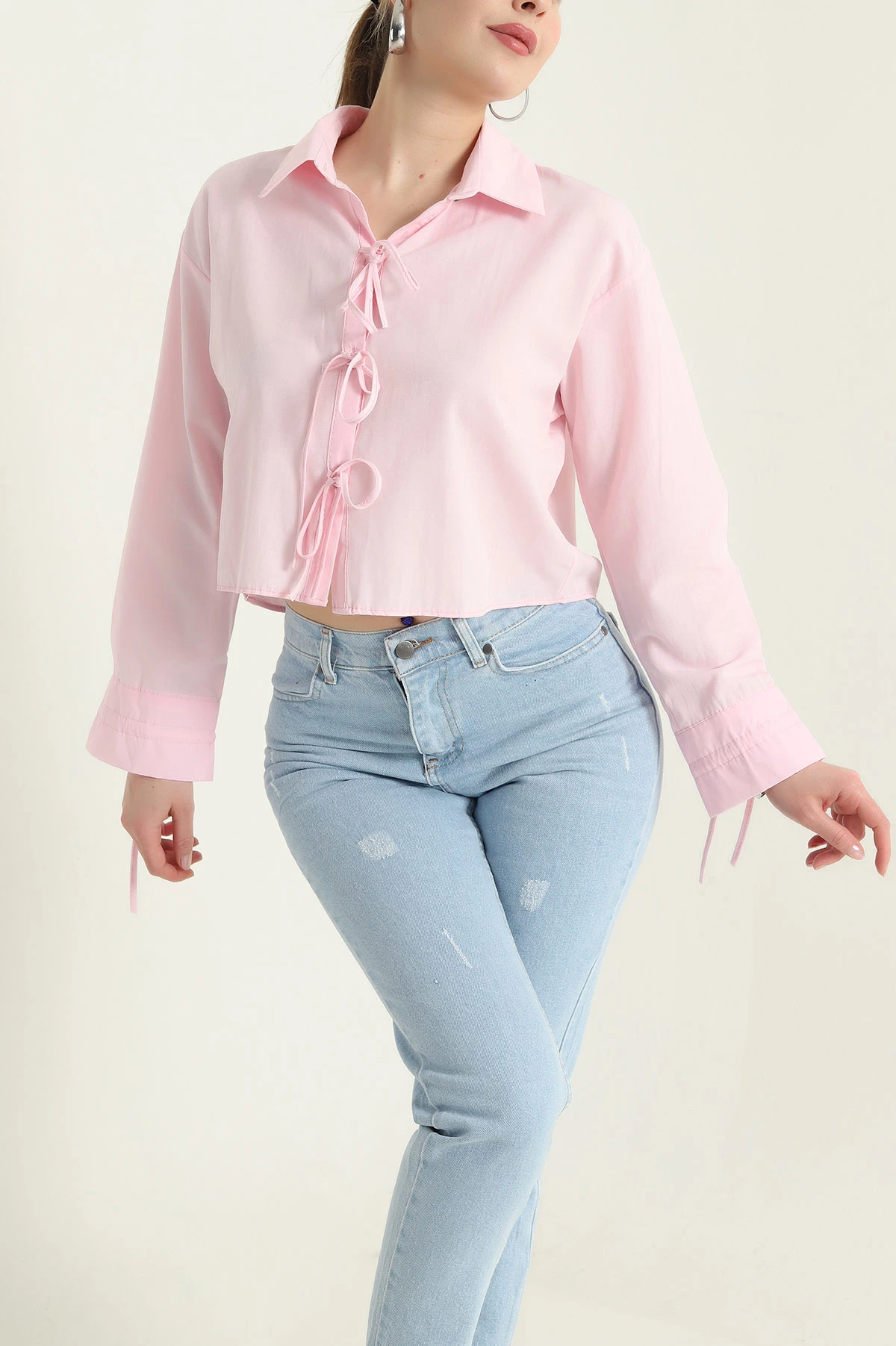 Pembe Bağlamalı Poplin Kadın Gömlek 432564