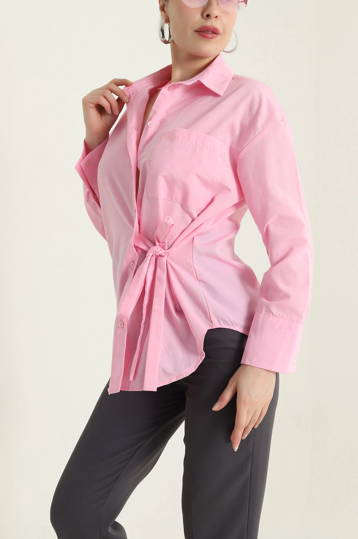 Pembe Bağlamalı Tasarım Poplin Kadın Gömlek 437155