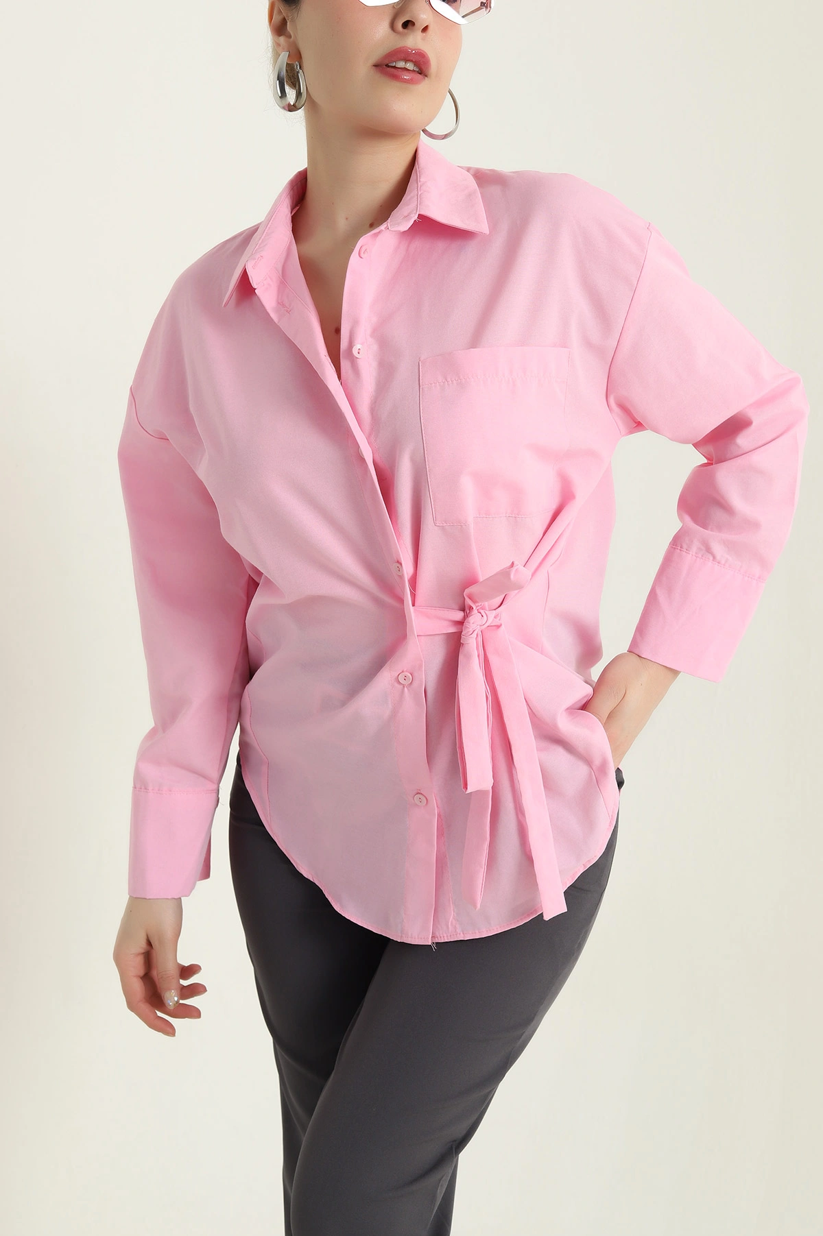 Pembe Bağlamalı Tasarım Poplin Kadın Gömlek 437155